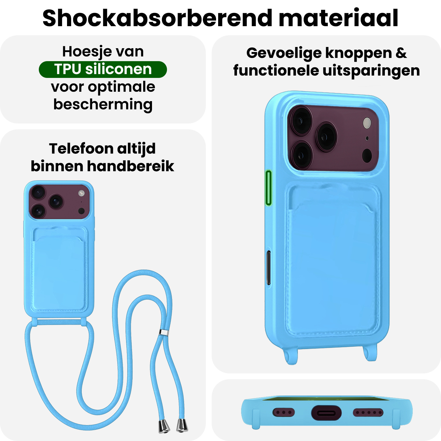 BASEY. BASEY. iPhone 18 Pro Hoesje Pashouder met Koord Met Screenprotector - Lichtblauw