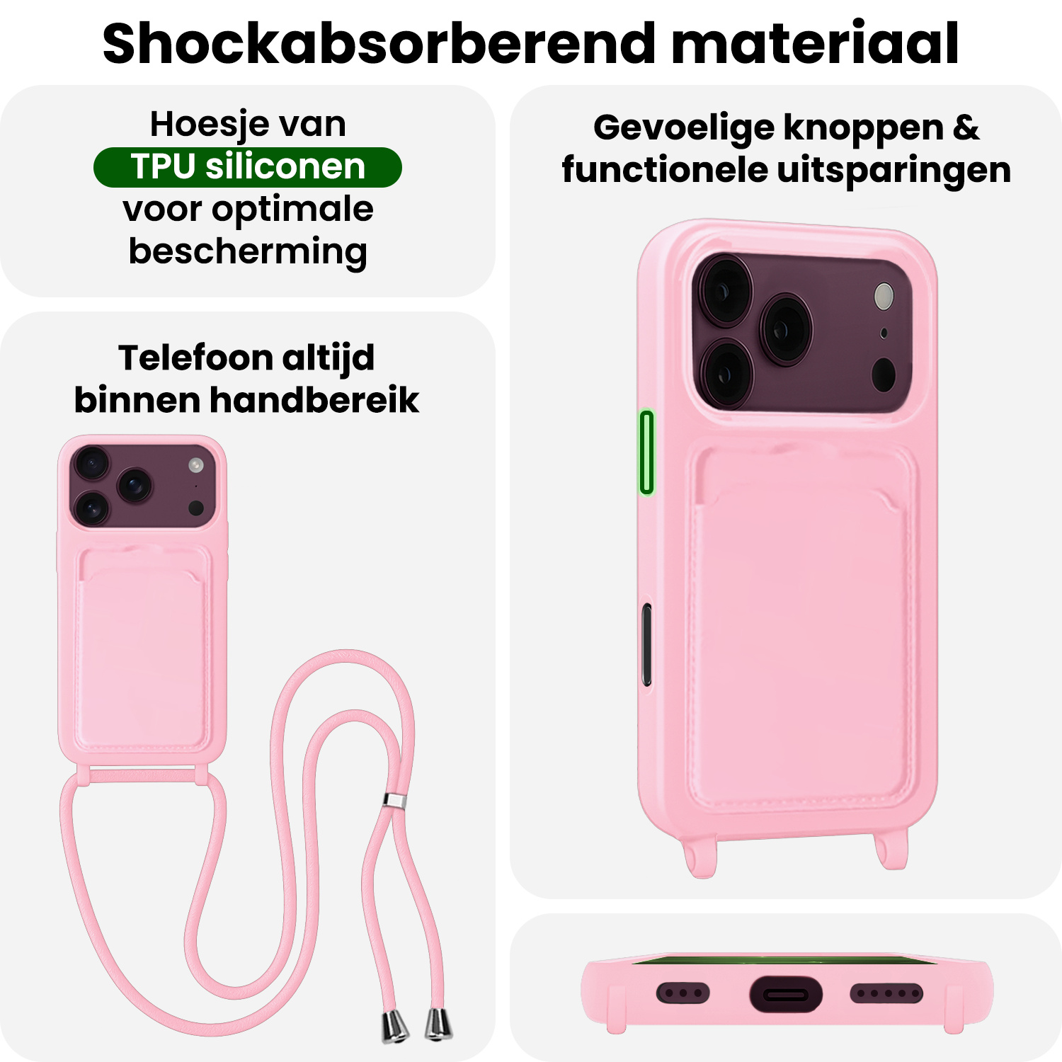 BASEY. BASEY. iPhone 18 Pro Hoesje Pashouder met Koord - Lichtroze - 2 PACK