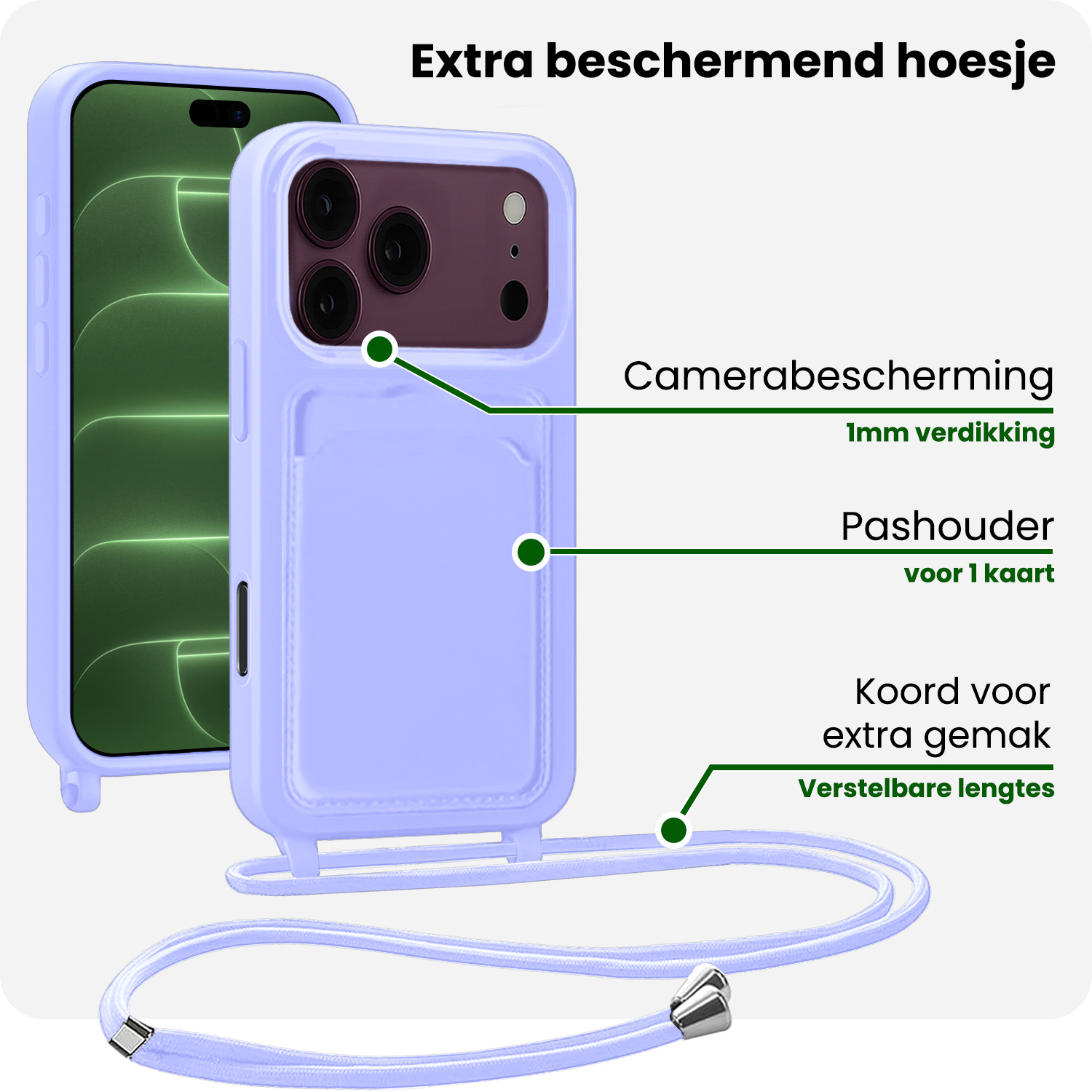 BASEY. BASEY. iPhone 18 Pro Hoesje Pashouder met Koord Met Screenprotector - Lila