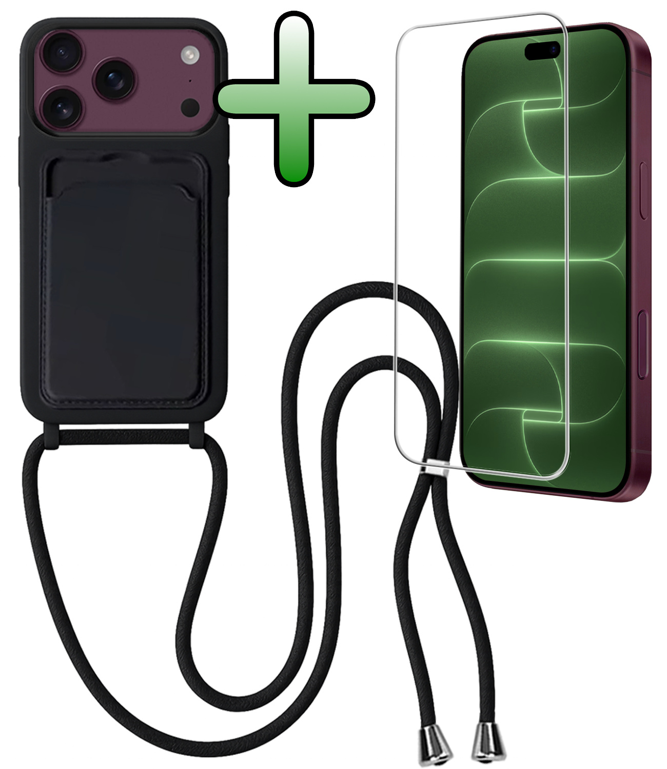 BASEY. BASEY. iPhone 18 Pro Hoesje Pashouder met Koord Met Screenprotector - Zwart