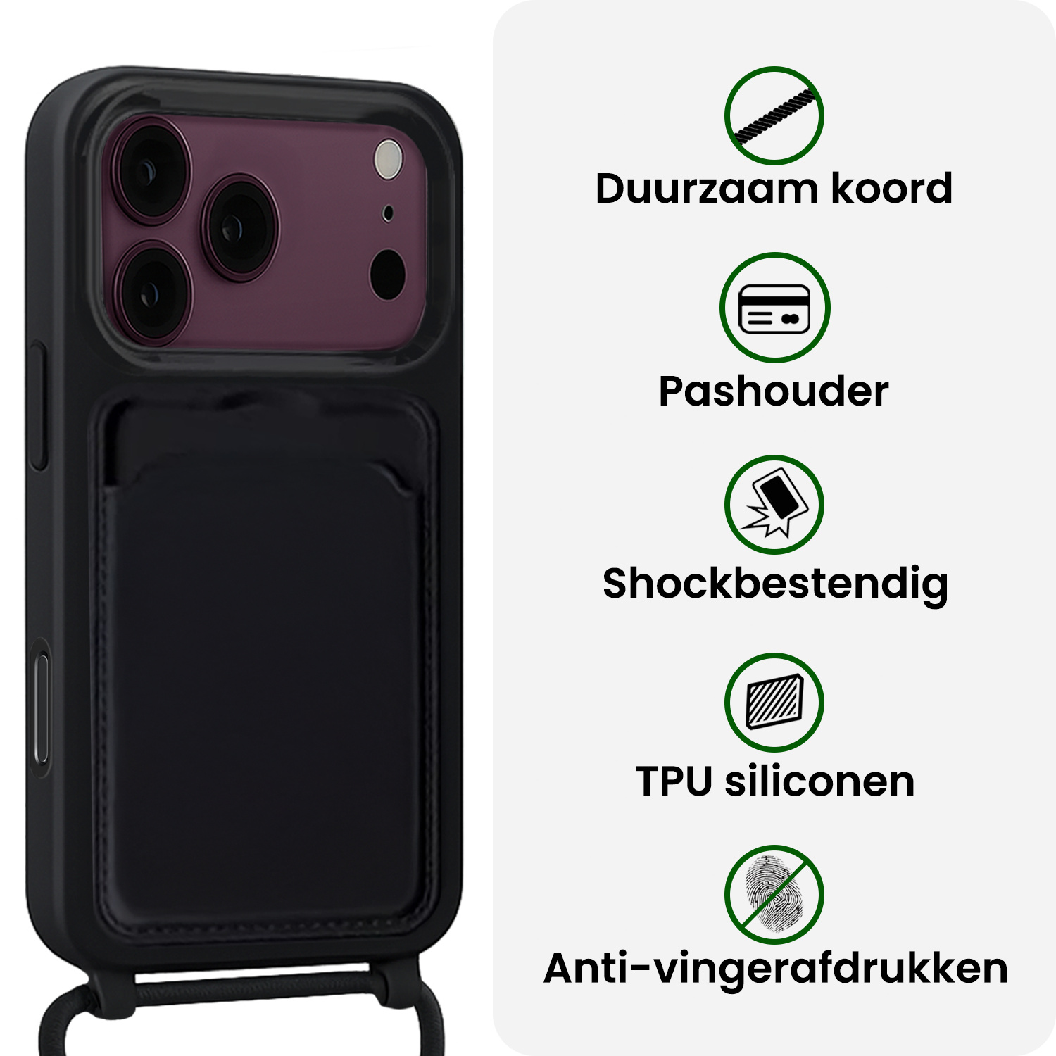 BASEY. BASEY. iPhone 18 Pro Hoesje Pashouder met Koord Met Screenprotector - Zwart