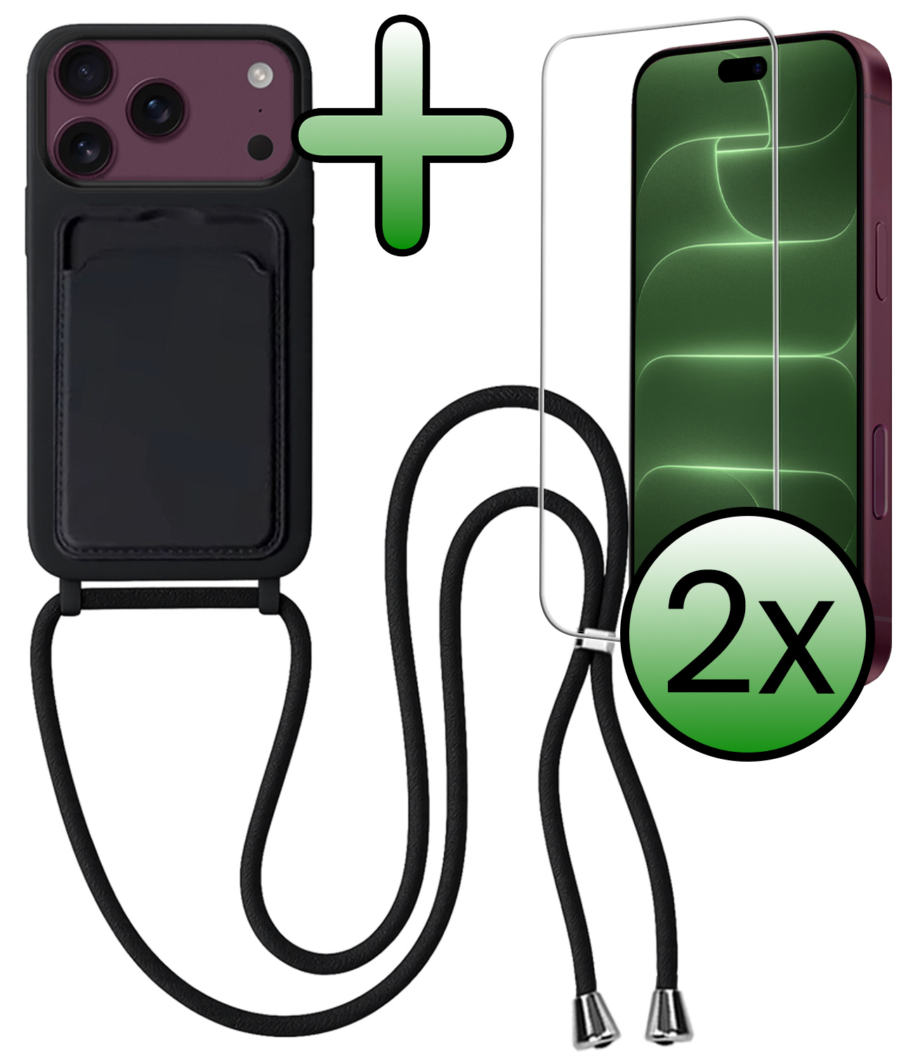 BASEY. BASEY. iPhone 18 Pro Hoesje Pashouder met Koord Met 2x Screenprotector - Zwart