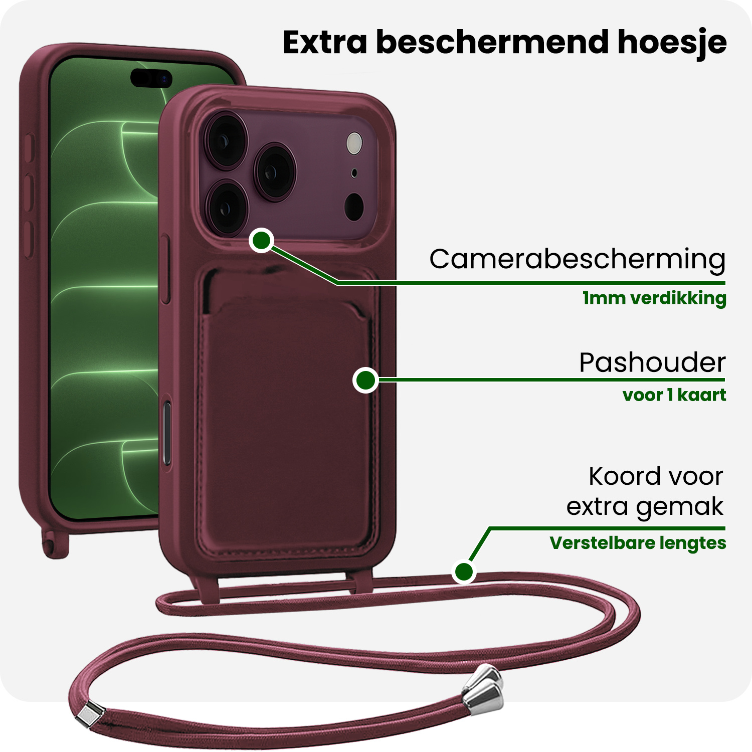 BASEY. BASEY. iPhone 18 Pro Max Hoesje Pashouder met Koord Met Screenprotector - Aubergine