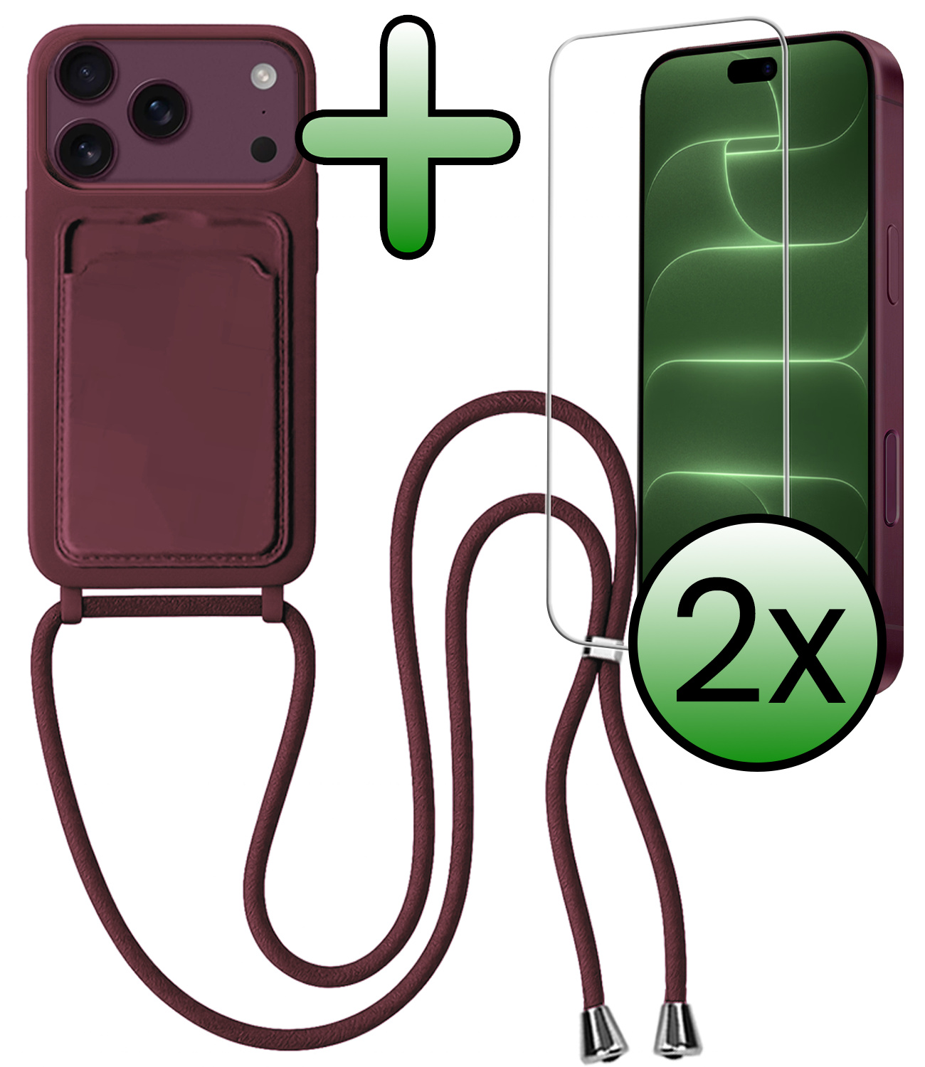 BASEY. BASEY. iPhone 18 Pro Max Hoesje Pashouder met Koord Met 2x Screenprotector - Aubergine
