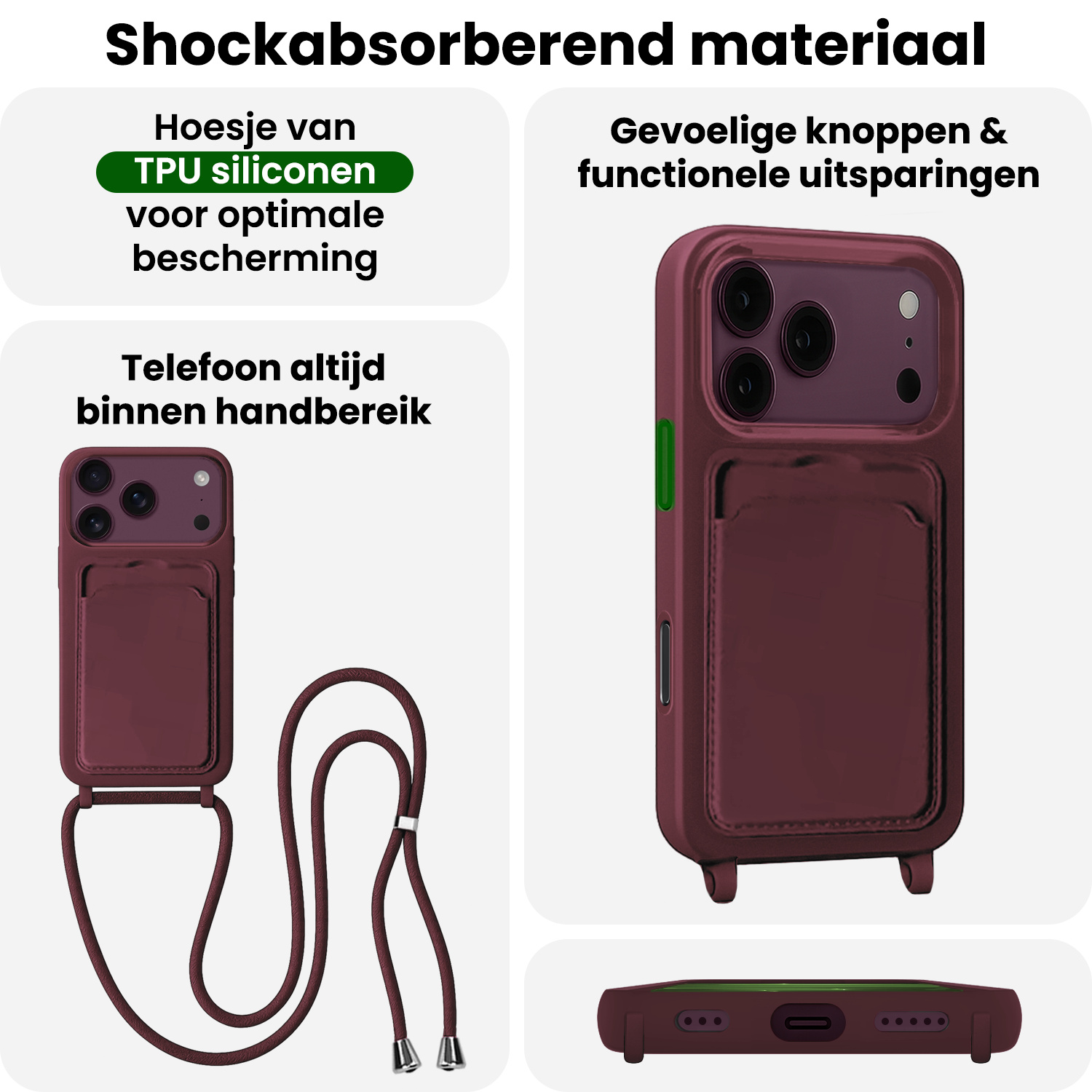 BASEY. BASEY. iPhone 18 Pro Max Hoesje Pashouder met Koord Met 2x Screenprotector - Aubergine