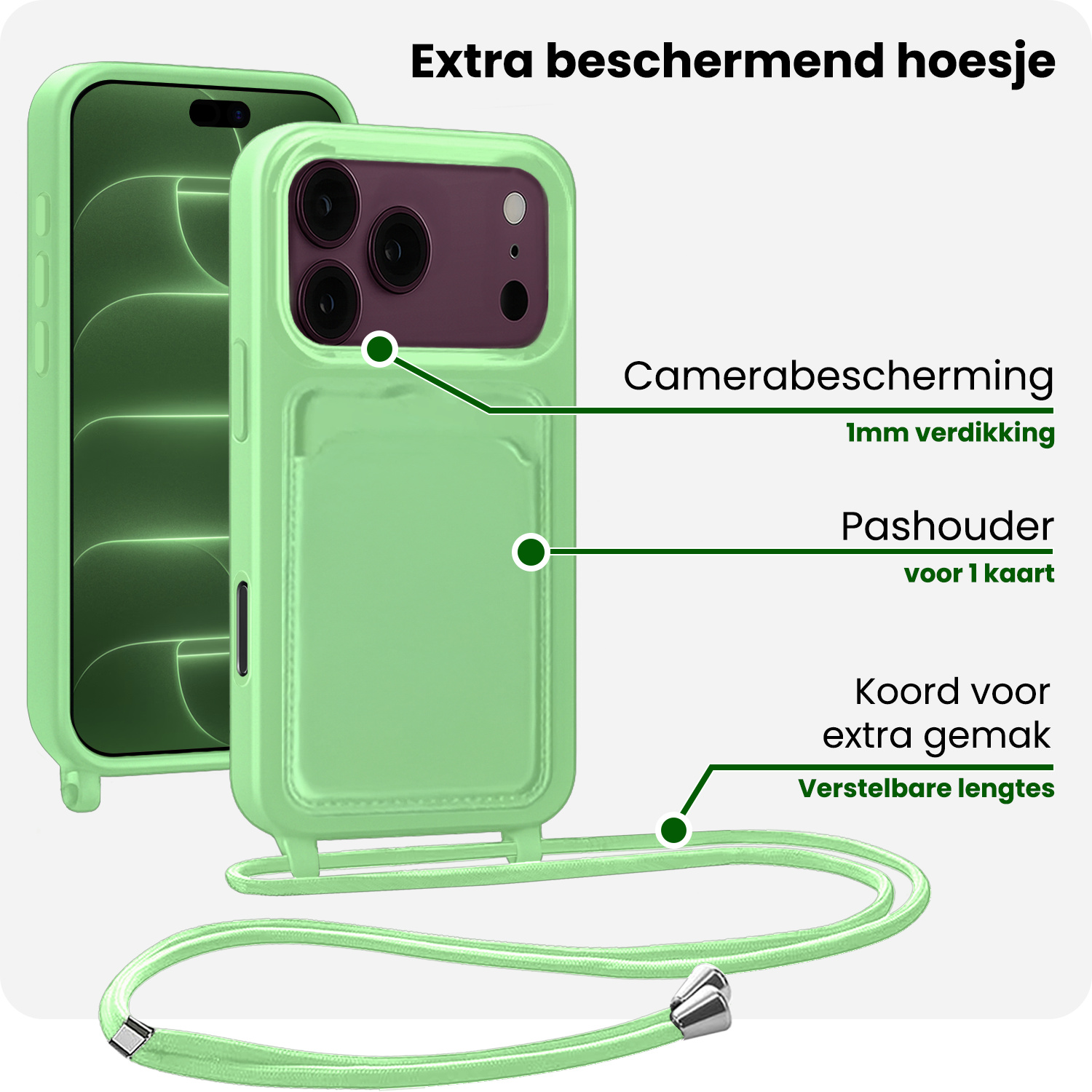 BASEY. BASEY. iPhone 18 Pro Max Hoesje Pashouder met Koord Met Screenprotector - Groen
