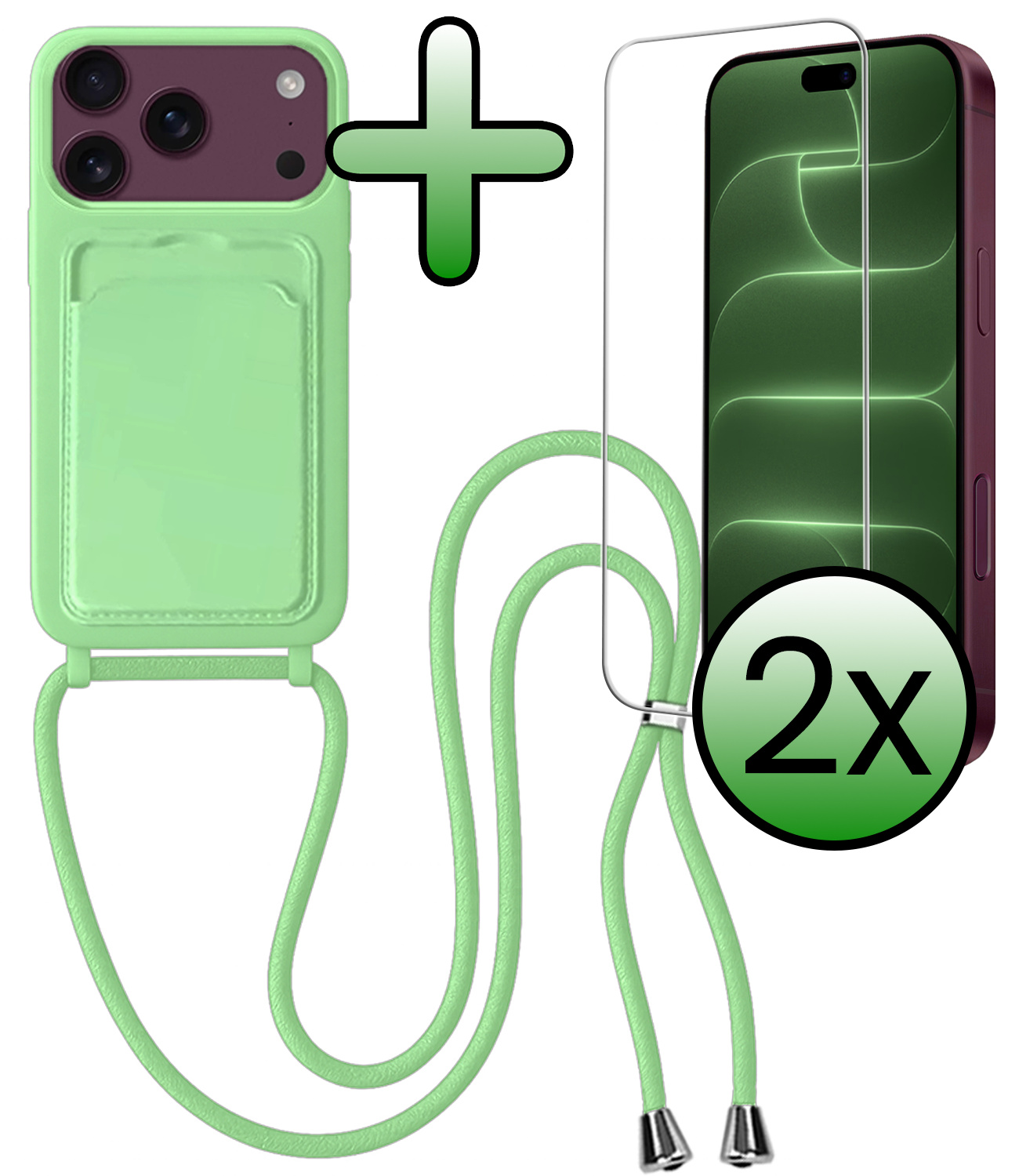BASEY. BASEY. iPhone 18 Pro Max Hoesje Pashouder met Koord Met 2x Screenprotector - Groen