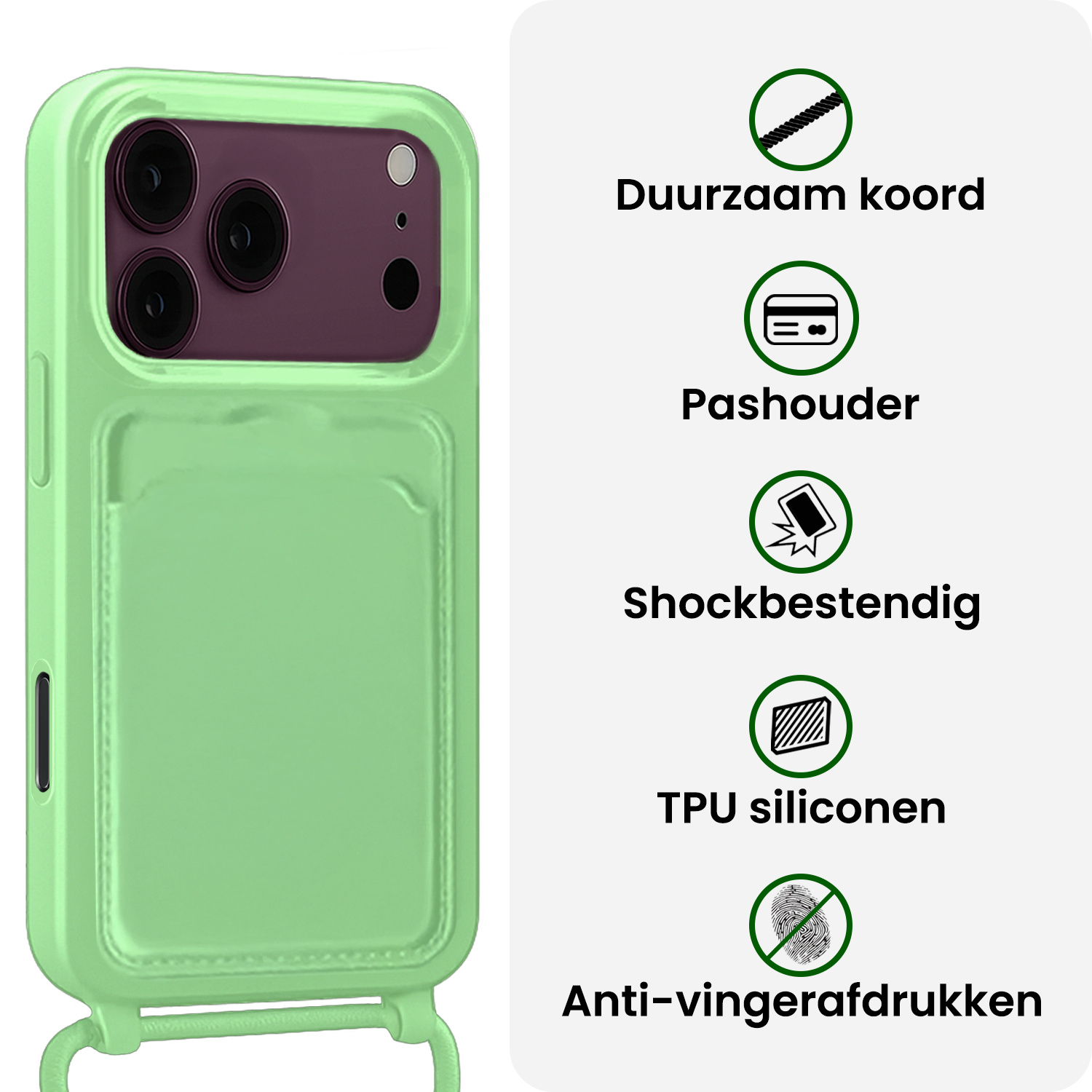 BASEY. BASEY. iPhone 18 Pro Max Hoesje Pashouder met Koord Met 2x Screenprotector - Groen