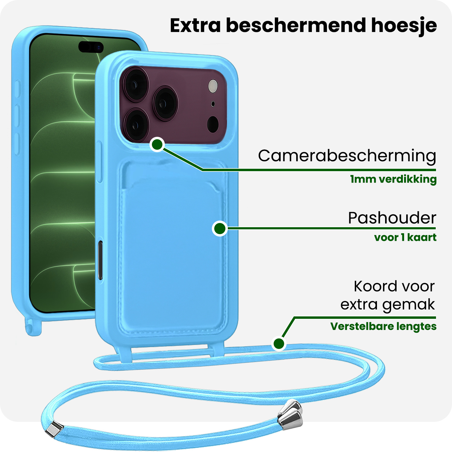 BASEY. BASEY. iPhone 18 Pro Max Hoesje Pashouder met Koord Met 2x Screenprotector - Lichtblauw