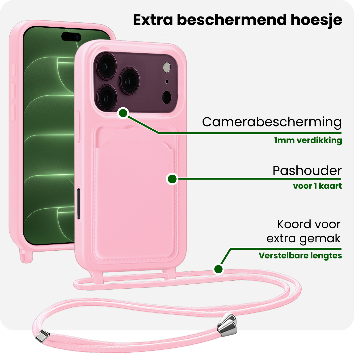 BASEY. BASEY. iPhone 18 Pro Max Hoesje Pashouder met Koord Met 2x Screenprotector - Lichtroze