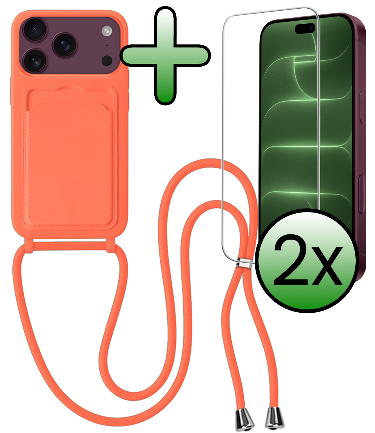 BASEY. BASEY. iPhone 18 Pro Max Hoesje Pashouder met Koord Met 2x Screenprotector - Papaya