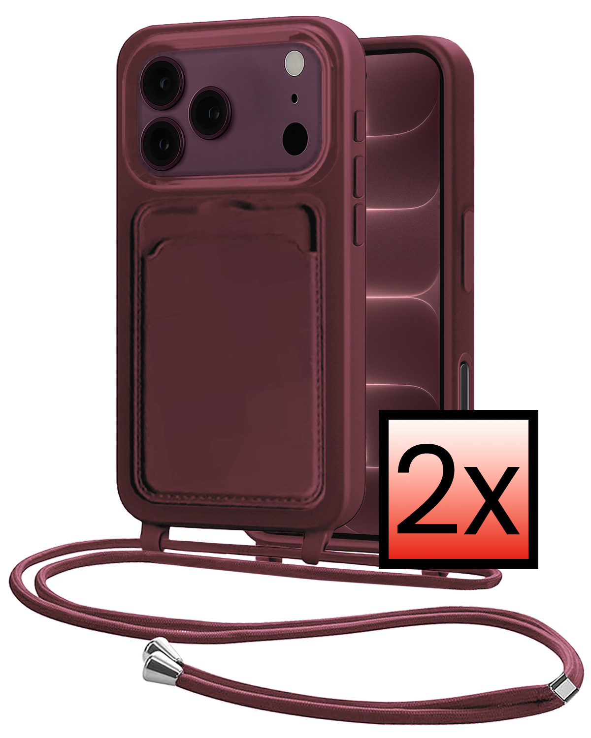 NoXx NoXx iPhone 18 Pro Hoesje Pashouder met Koord - Aubergine - 2 PACK