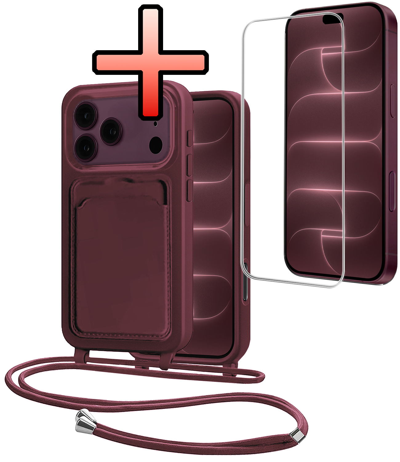 NoXx NoXx iPhone 18 Pro Hoesje Pashouder met Koord Met Screenprotector - Aubergine