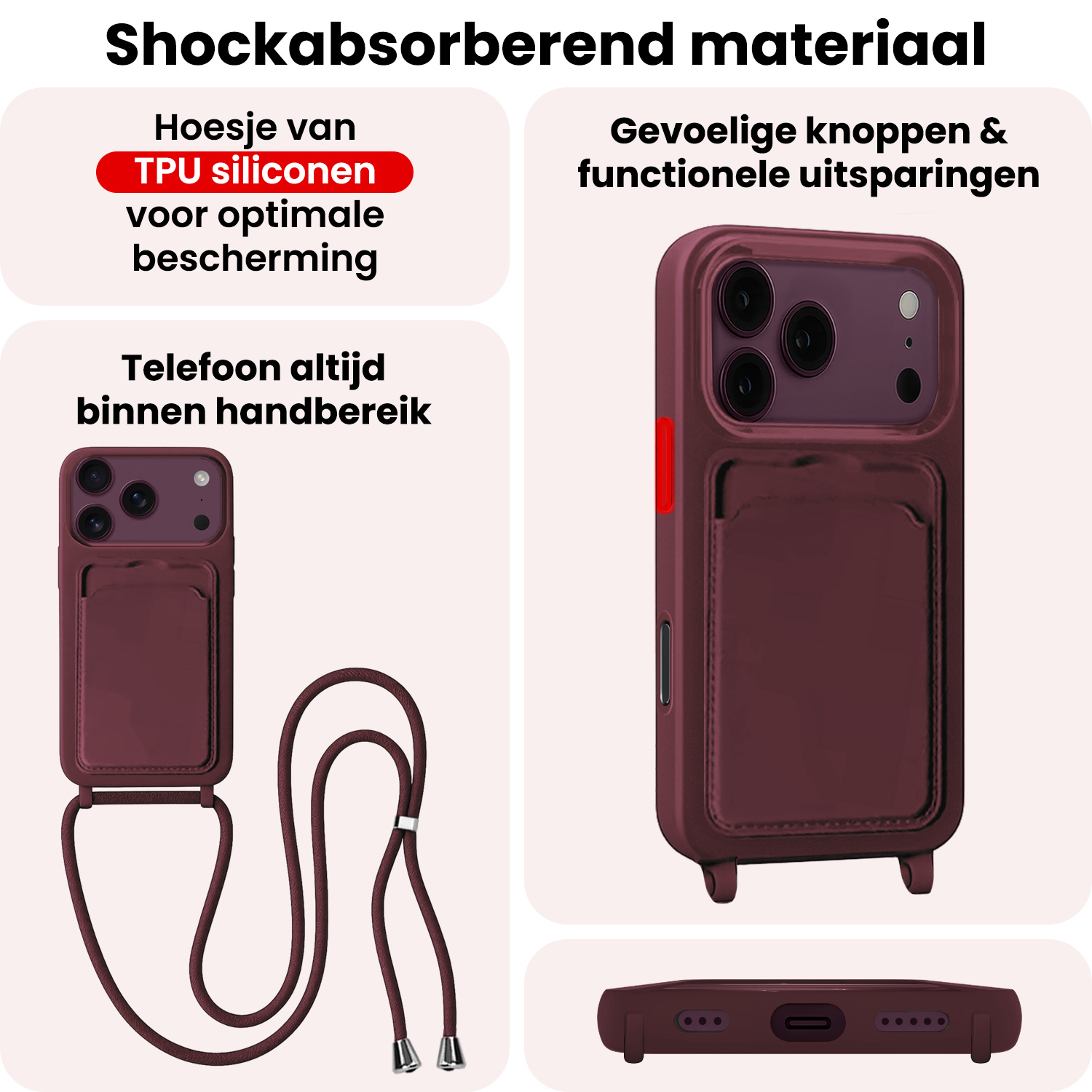 NoXx NoXx iPhone 18 Pro Hoesje Pashouder met Koord Met Screenprotector - Aubergine