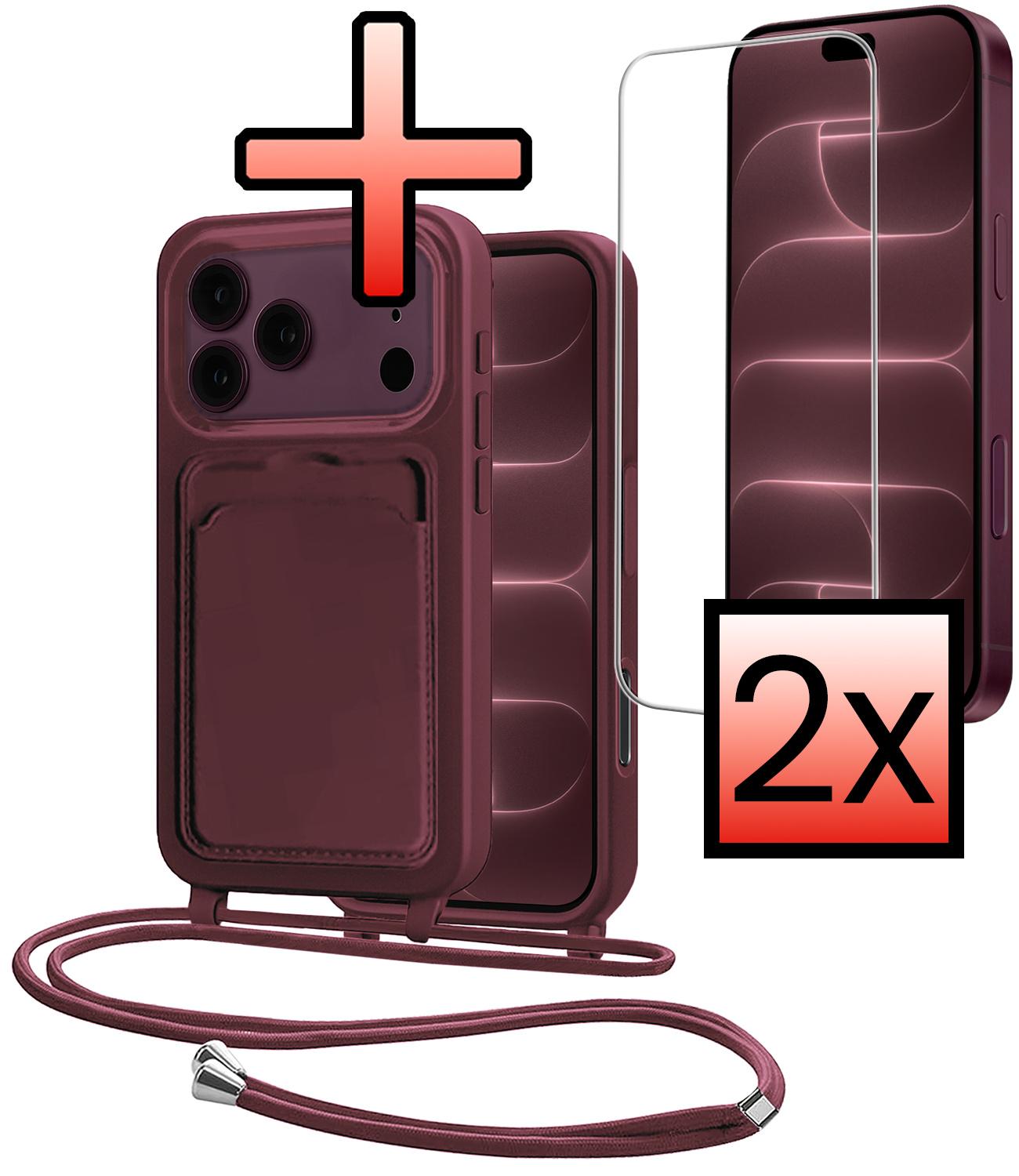 NoXx NoXx iPhone 18 Pro Hoesje Pashouder met Koord Met 2x Screenprotector - Aubergine