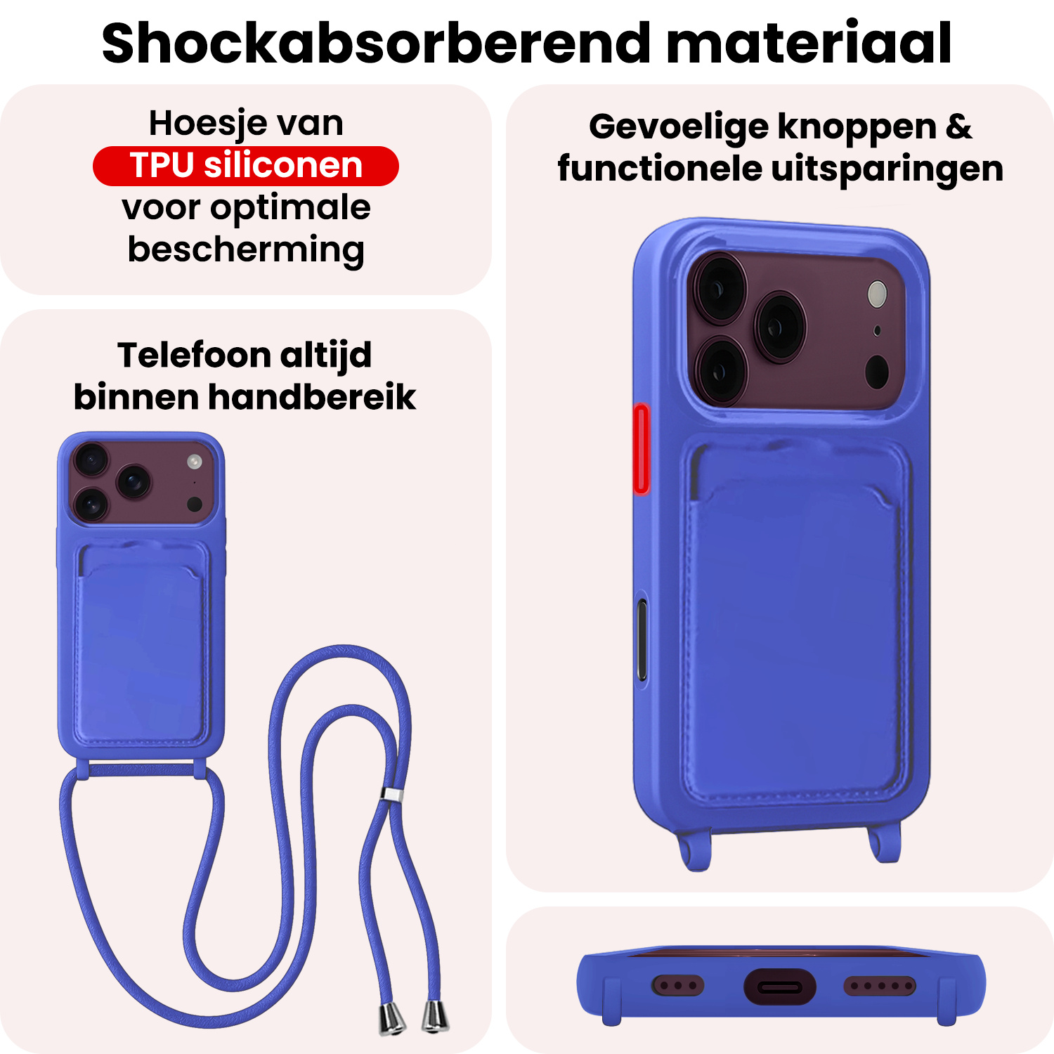 NoXx NoXx iPhone 18 Pro Hoesje Pashouder met Koord - Fel Blauw - 2 PACK
