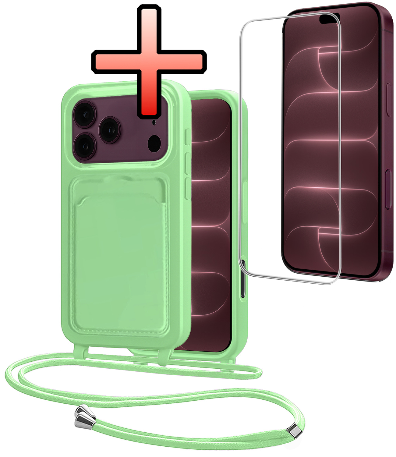 NoXx NoXx iPhone 18 Pro Hoesje Pashouder met Koord Met Screenprotector - Groen