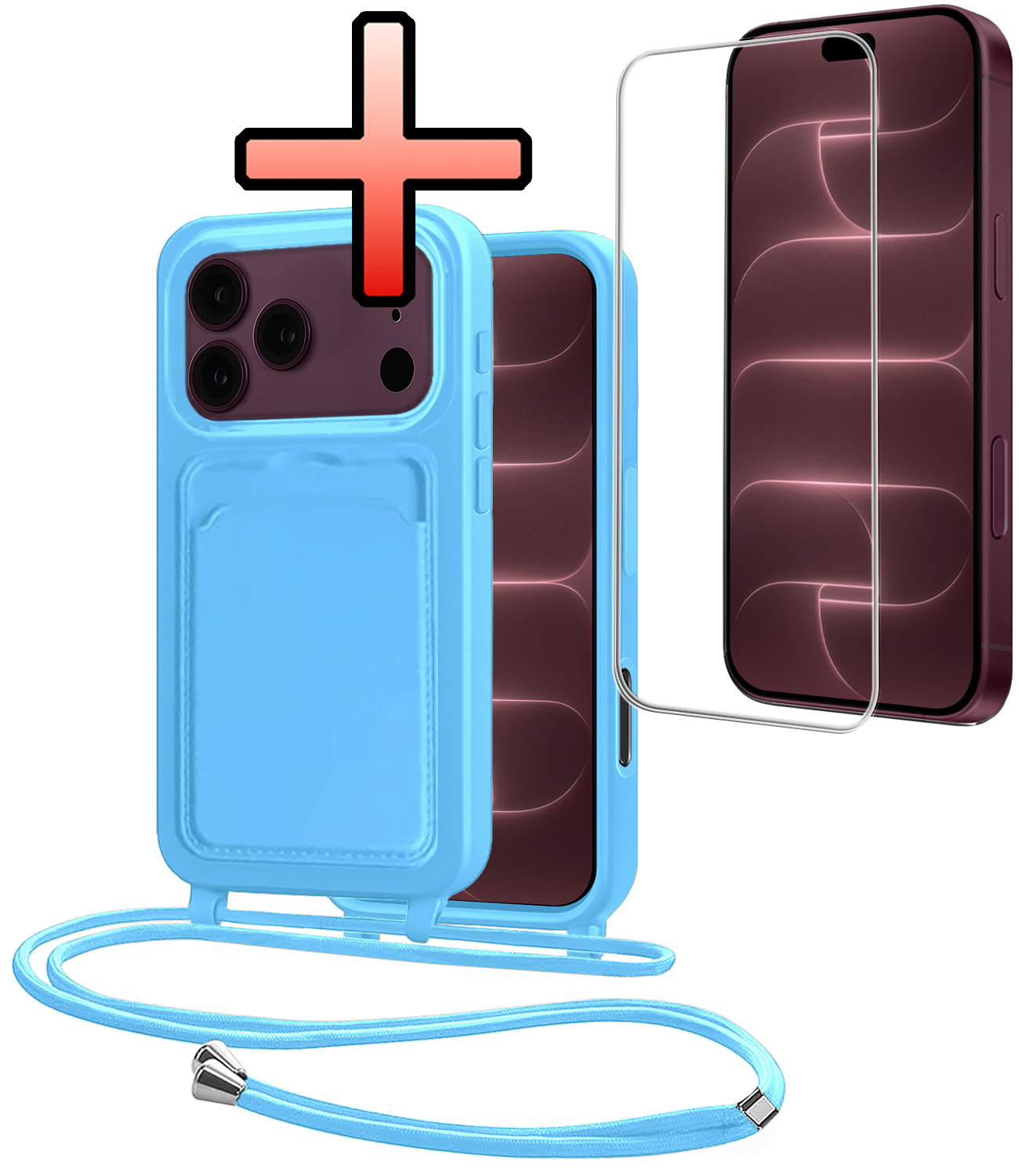 NoXx NoXx iPhone 18 Pro Hoesje Pashouder met Koord Met Screenprotector - Lichtblauw