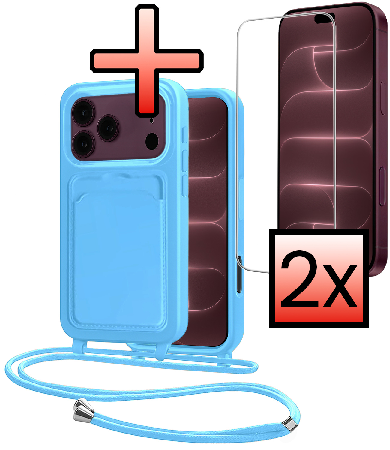 NoXx NoXx iPhone 18 Pro Hoesje Pashouder met Koord Met 2x Screenprotector - Lichtblauw