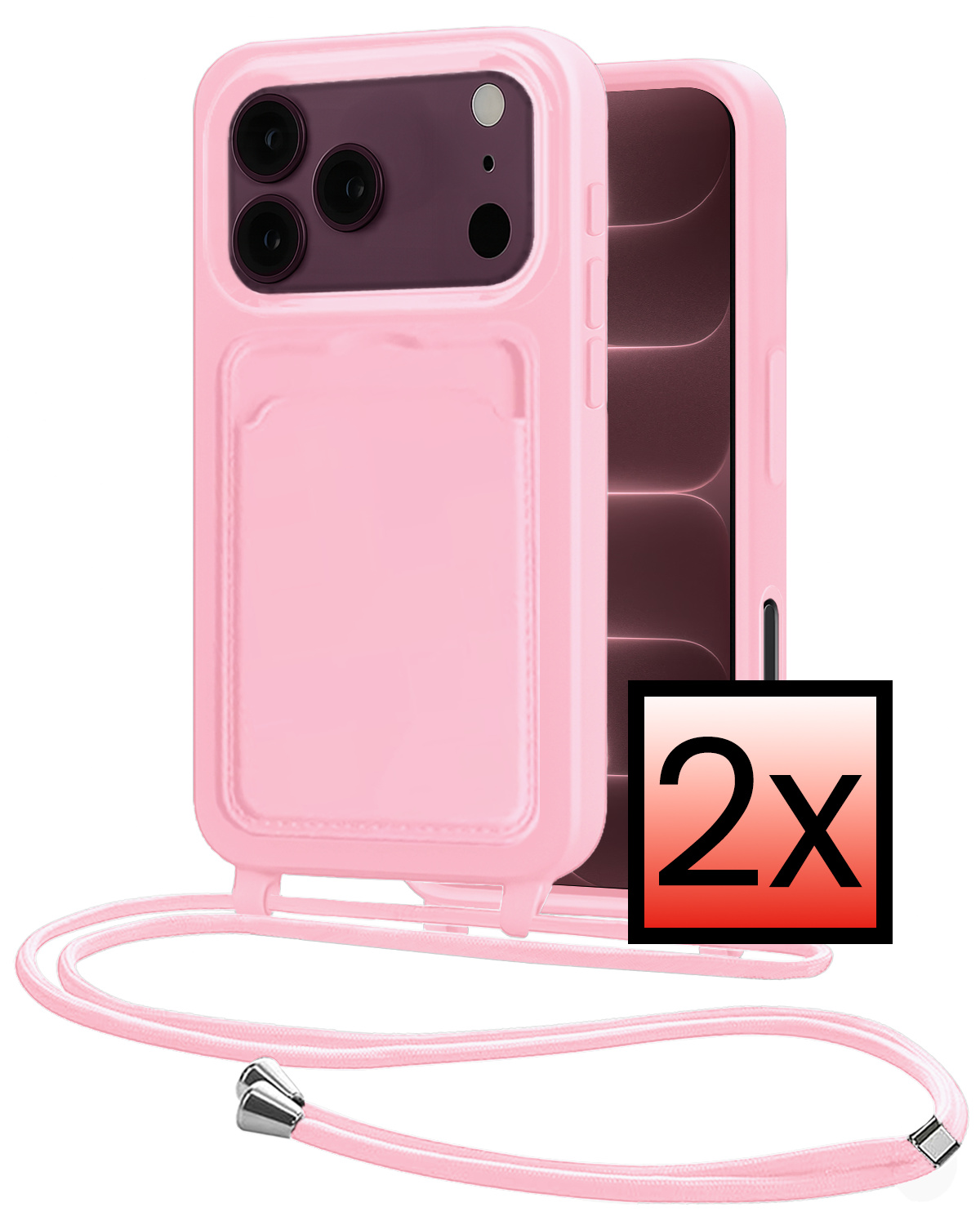 NoXx NoXx iPhone 18 Pro Hoesje Pashouder met Koord - Lichtroze - 2 PACK