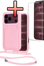 NoXx NoXx iPhone 18 Pro Hoesje Pashouder met Koord Met Screenprotector - Lichtroze