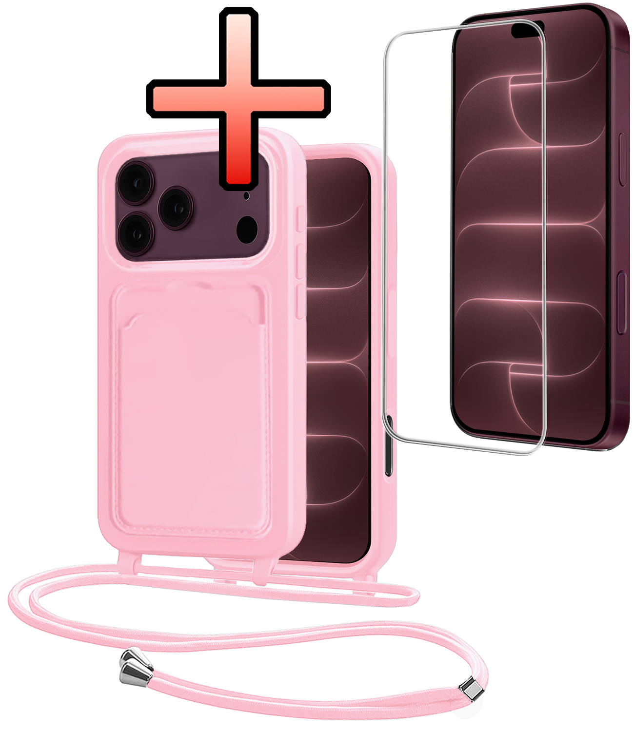 NoXx NoXx iPhone 18 Pro Hoesje Pashouder met Koord Met Screenprotector - Lichtroze