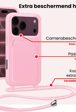 NoXx NoXx iPhone 18 Pro Hoesje Pashouder met Koord Met Screenprotector - Lichtroze