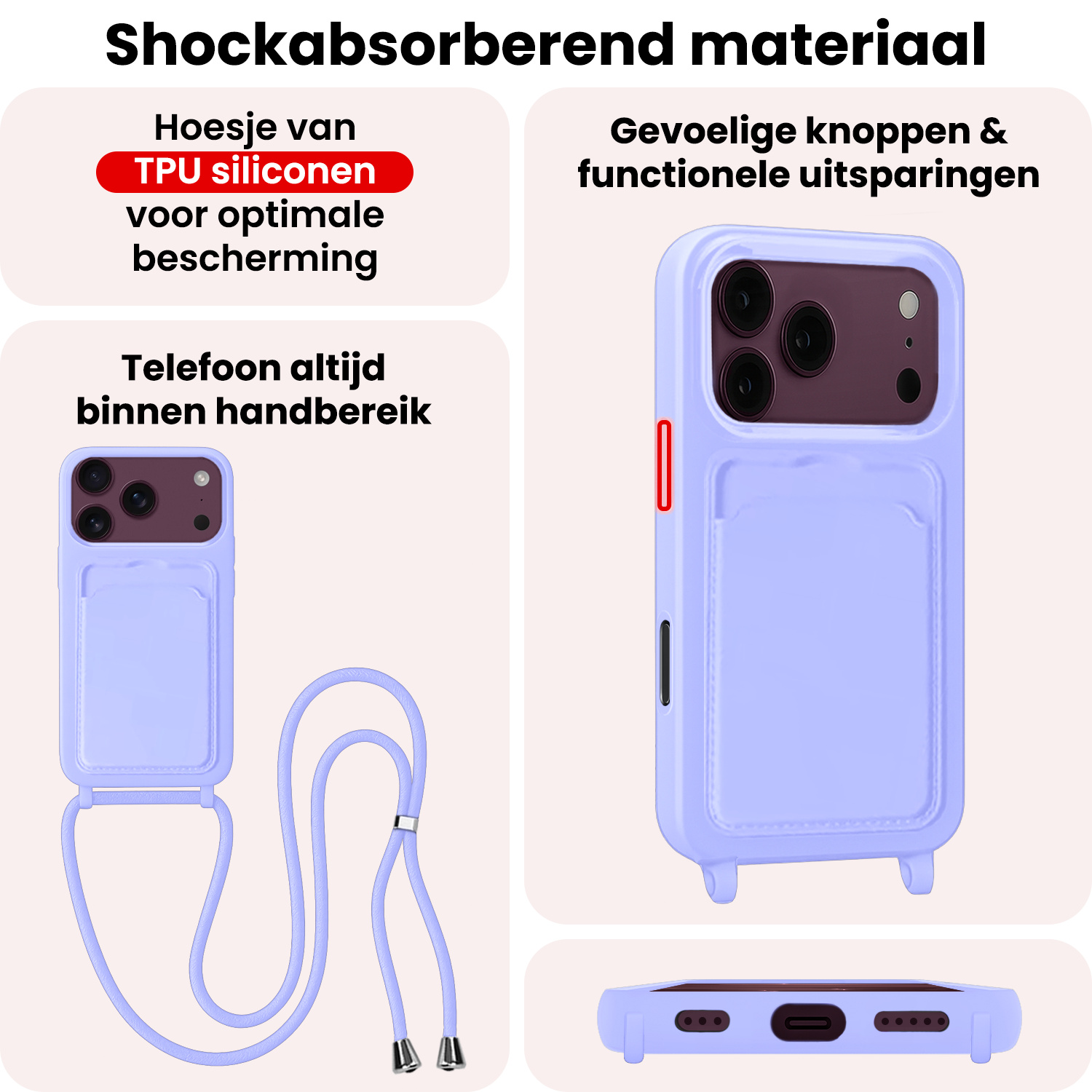 NoXx NoXx iPhone 18 Pro Hoesje Pashouder met Koord Met Screenprotector - Lila