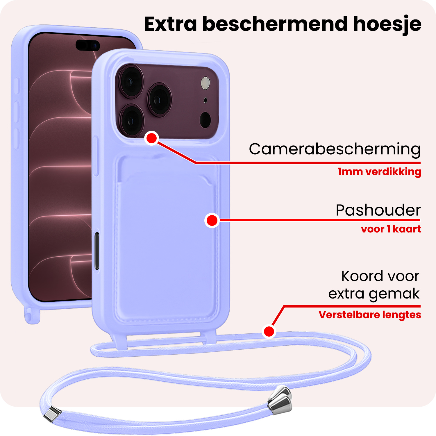 NoXx NoXx iPhone 18 Pro Hoesje Pashouder met Koord Met 2x Screenprotector - Lila