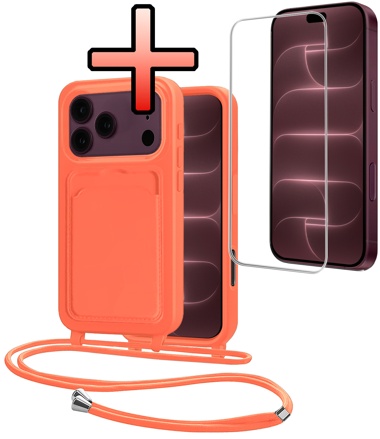 NoXx NoXx iPhone 18 Pro Hoesje Pashouder met Koord Met Screenprotector - Papaya