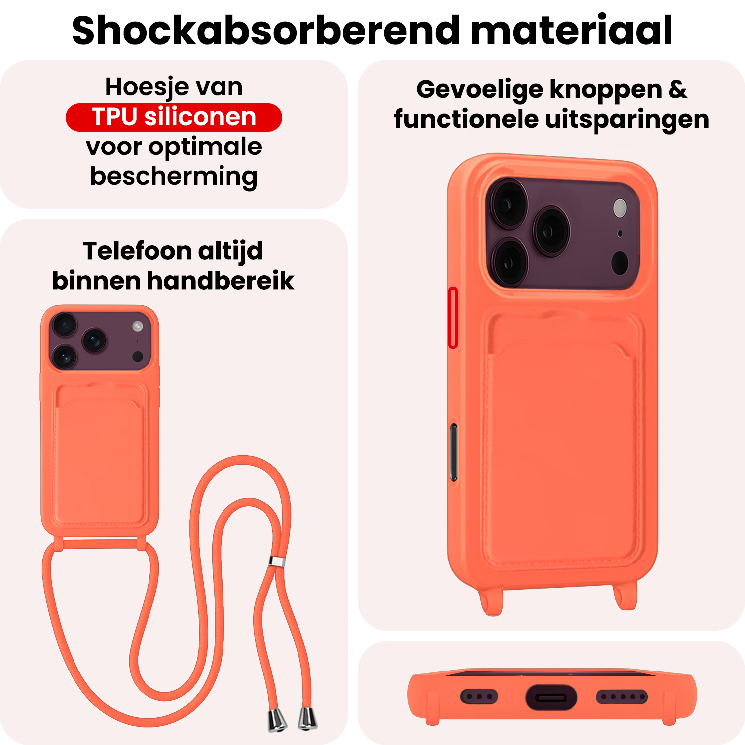 NoXx NoXx iPhone 18 Pro Hoesje Pashouder met Koord Met 2x Screenprotector - Papaya