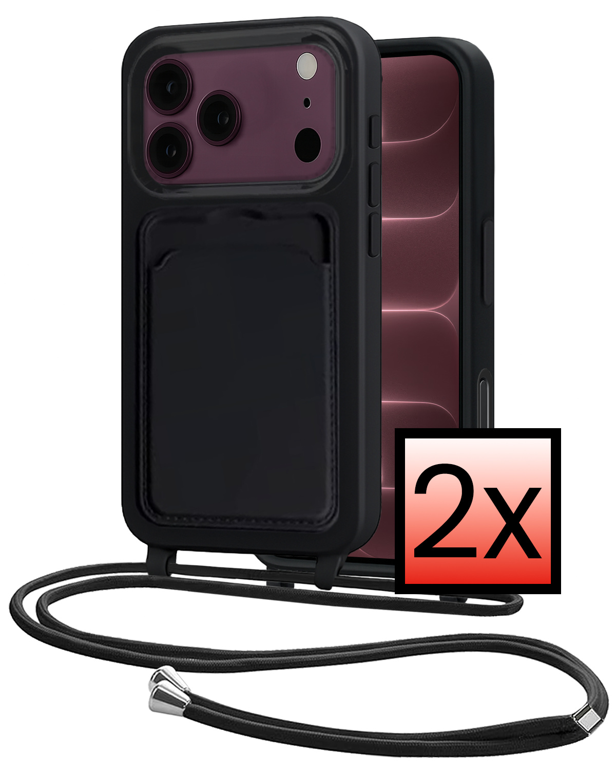NoXx NoXx iPhone 18 Pro Hoesje Pashouder met Koord - Zwart - 2 PACK
