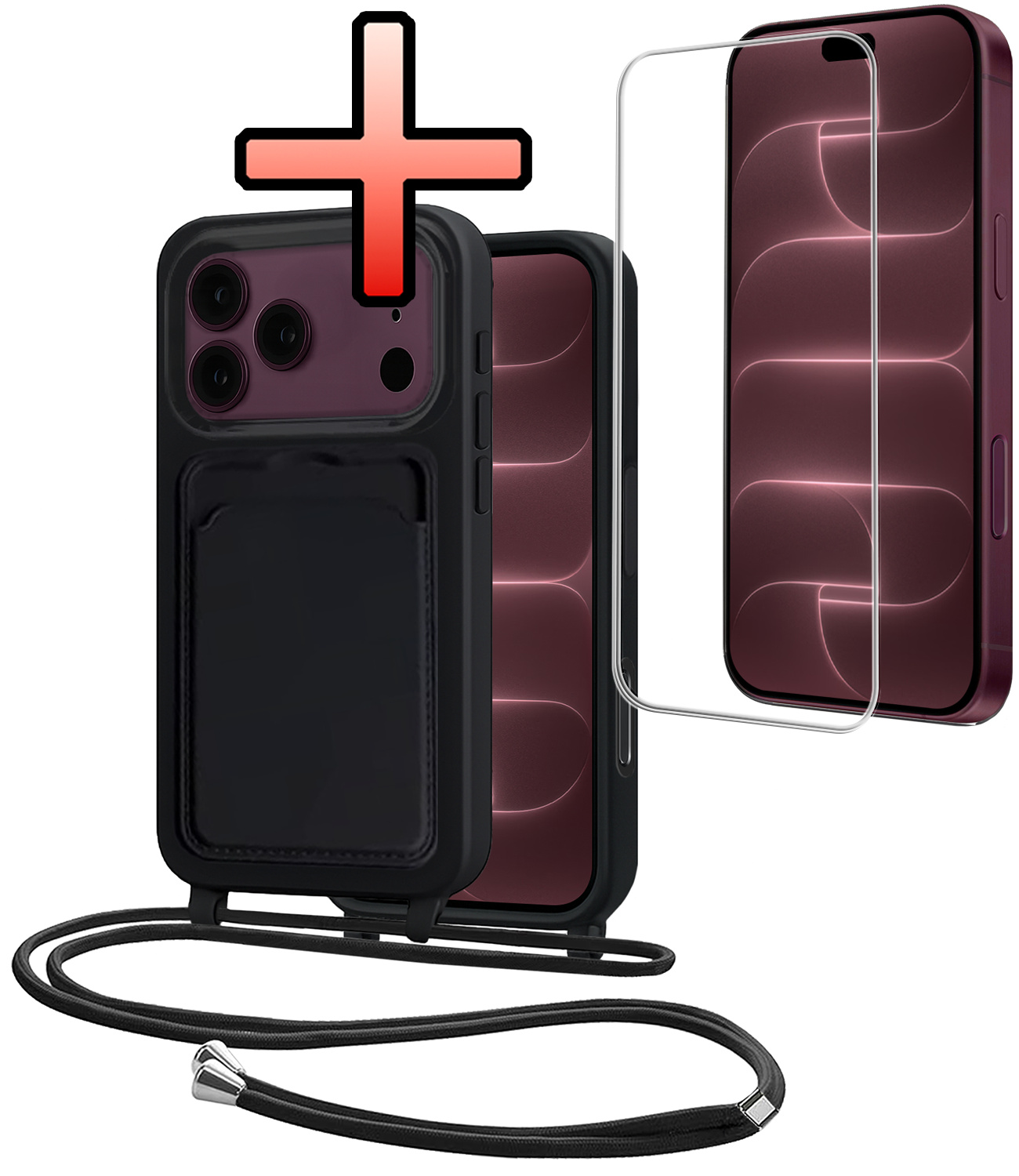 NoXx NoXx iPhone 18 Pro Hoesje Pashouder met Koord Met Screenprotector - Zwart