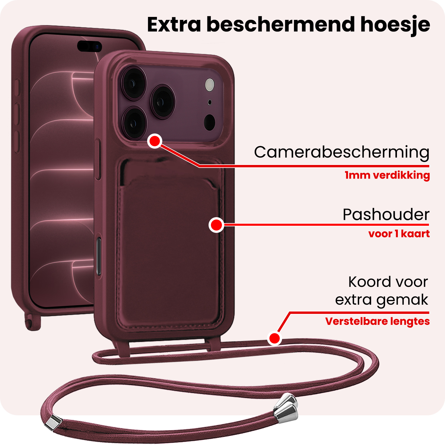 NoXx NoXx iPhone 18 Pro Max Hoesje Pashouder met Koord Met Screenprotector - Aubergine