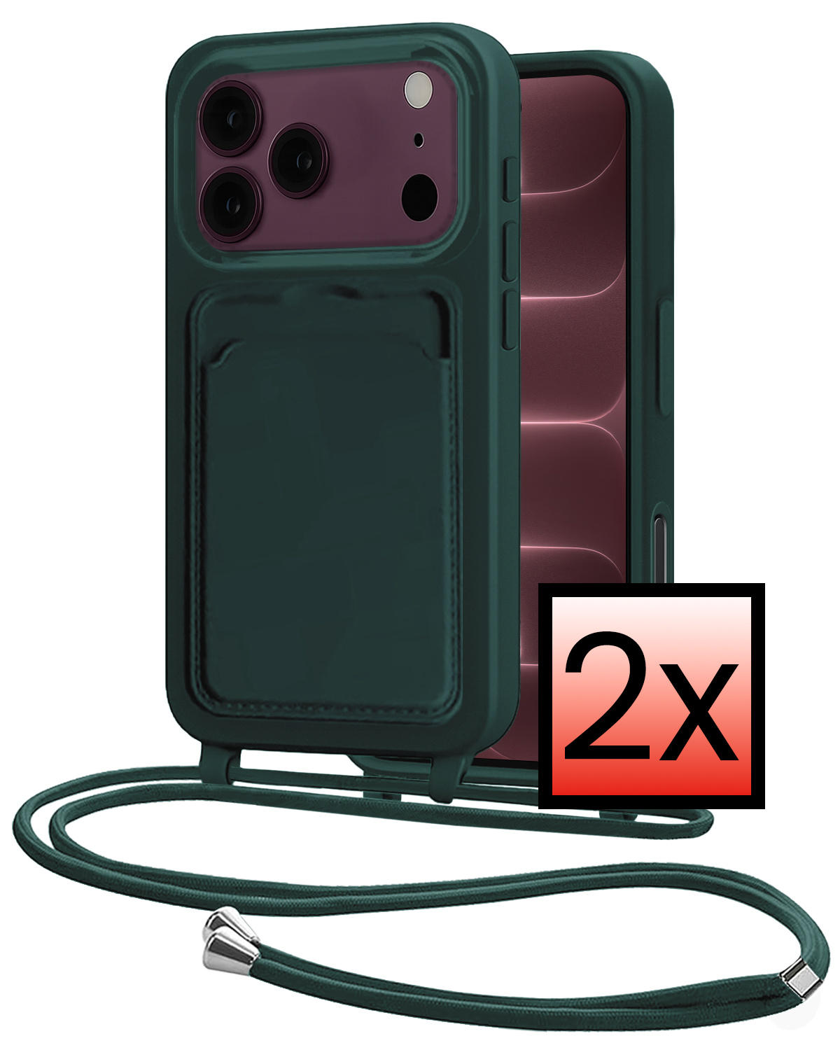 NoXx NoXx iPhone 18 Pro Max Hoesje Pashouder met Koord - Donkergroen - 2 PACK