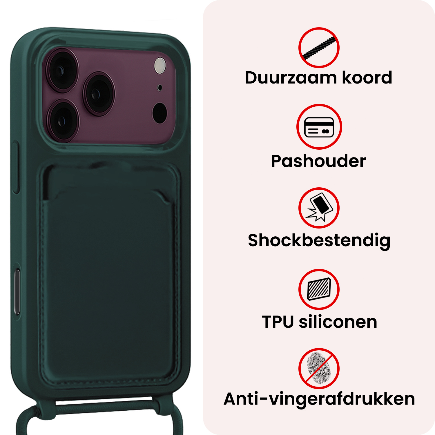 NoXx NoXx iPhone 18 Pro Max Hoesje Pashouder met Koord - Donkergroen - 2 PACK