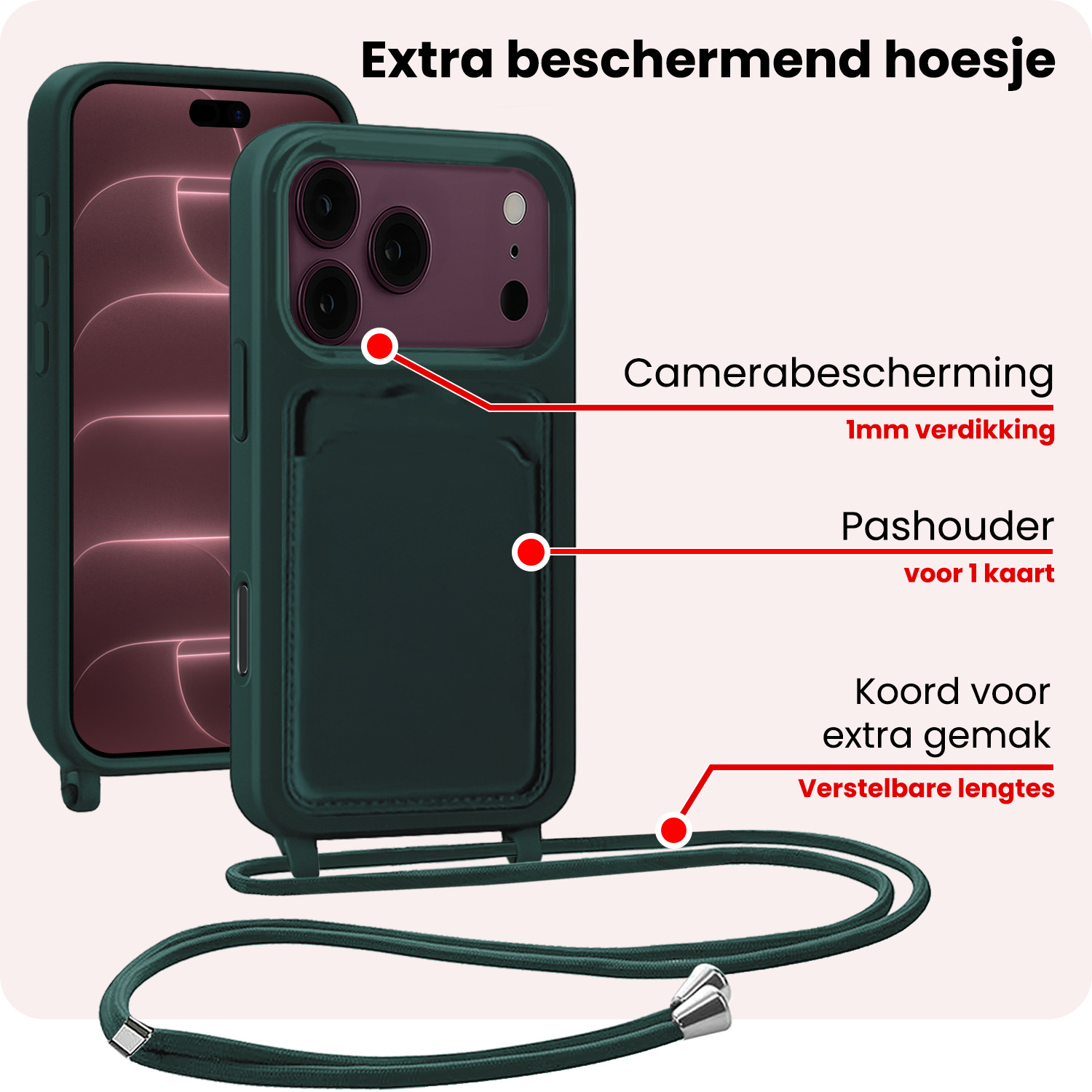 NoXx NoXx iPhone 18 Pro Max Hoesje Pashouder met Koord - Donkergroen - 2 PACK