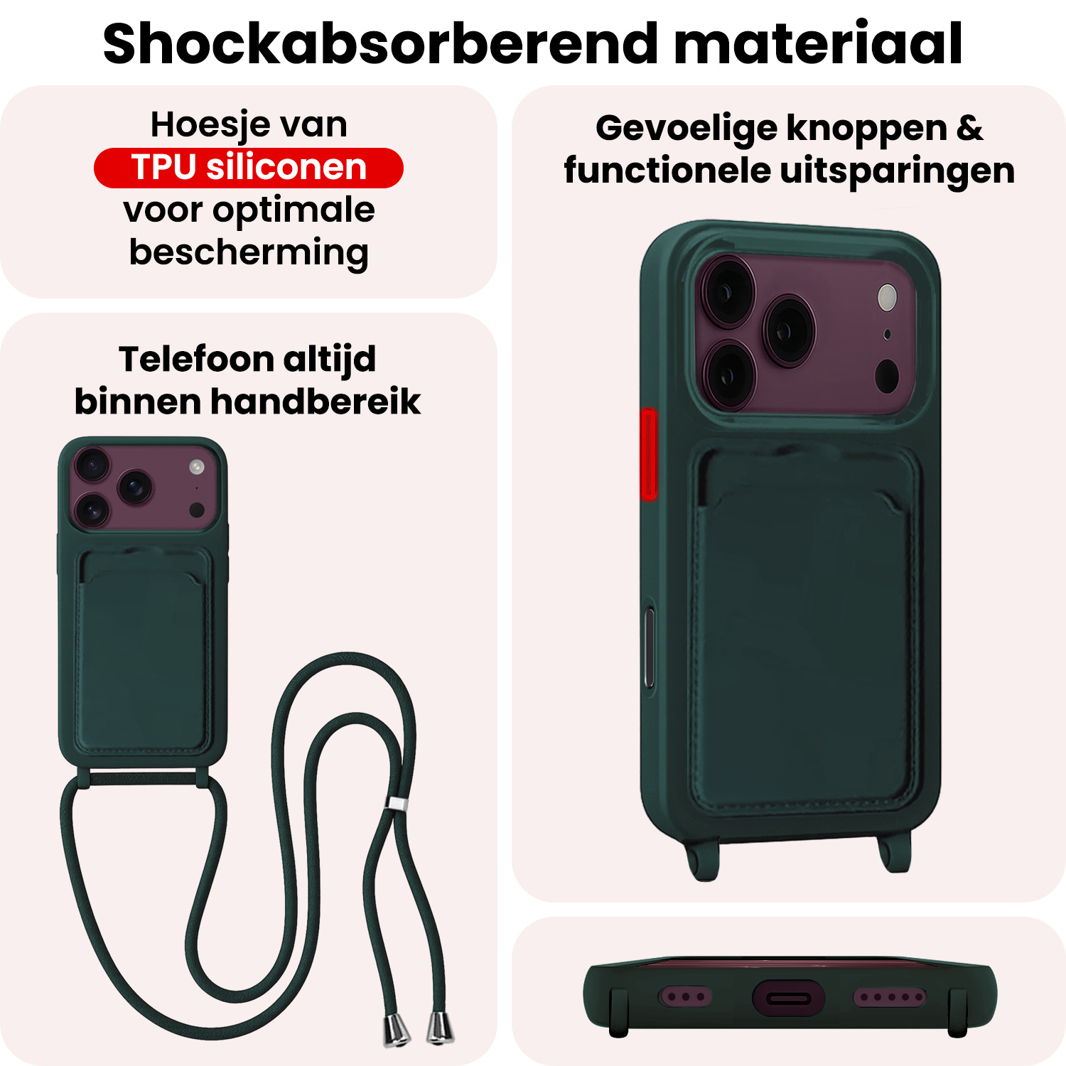 NoXx NoXx iPhone 18 Pro Max Hoesje Pashouder met Koord - Donkergroen - 2 PACK
