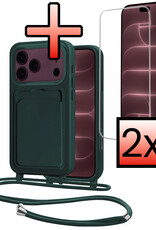 NoXx NoXx iPhone 18 Pro Max Hoesje Pashouder met Koord Met 2x Screenprotector - Donkergroen