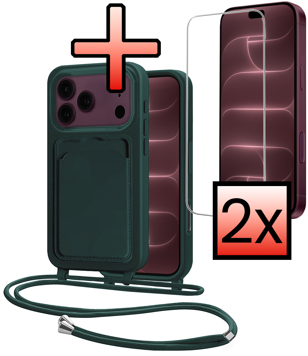 NoXx NoXx iPhone 18 Pro Max Hoesje Pashouder met Koord Met 2x Screenprotector - Donkergroen