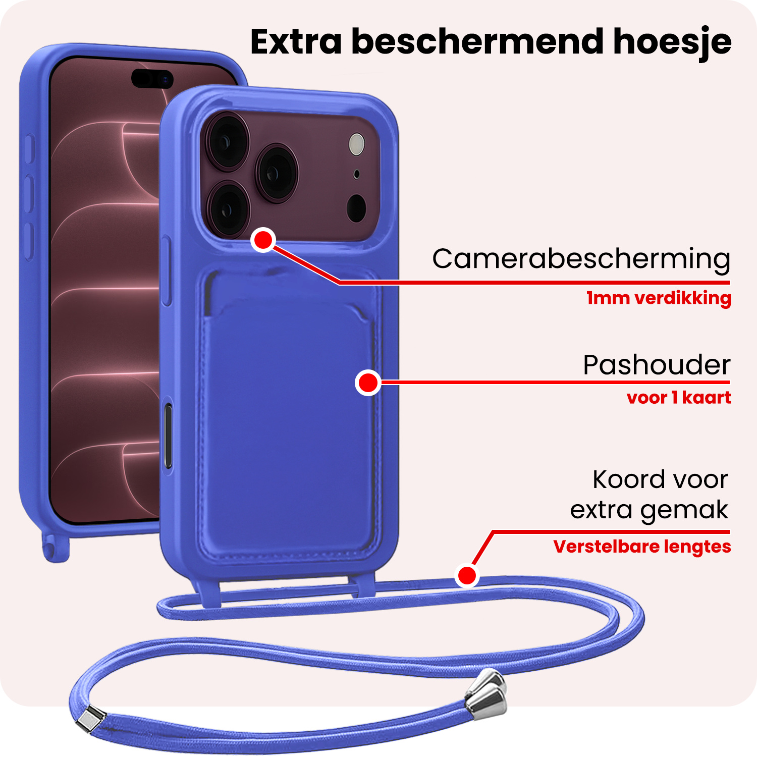 NoXx NoXx iPhone 18 Pro Max Hoesje Pashouder met Koord - Fel Blauw - 2 PACK