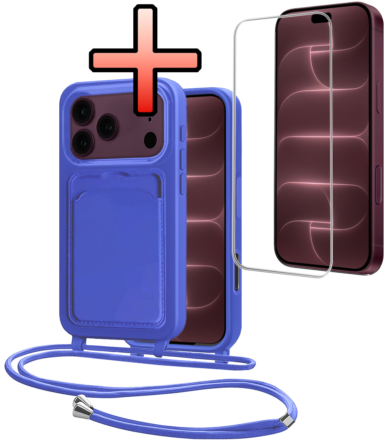 NoXx NoXx iPhone 18 Pro Max Hoesje Pashouder met Koord Met Screenprotector - Fel Blauw