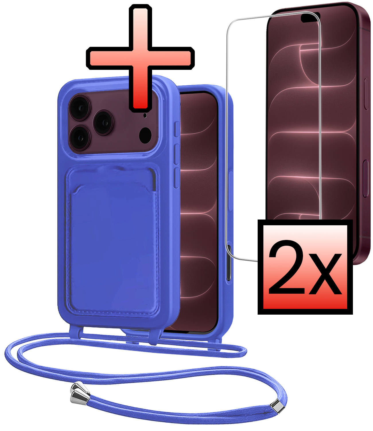 NoXx NoXx iPhone 18 Pro Max Hoesje Pashouder met Koord Met 2x Screenprotector - Fel Blauw