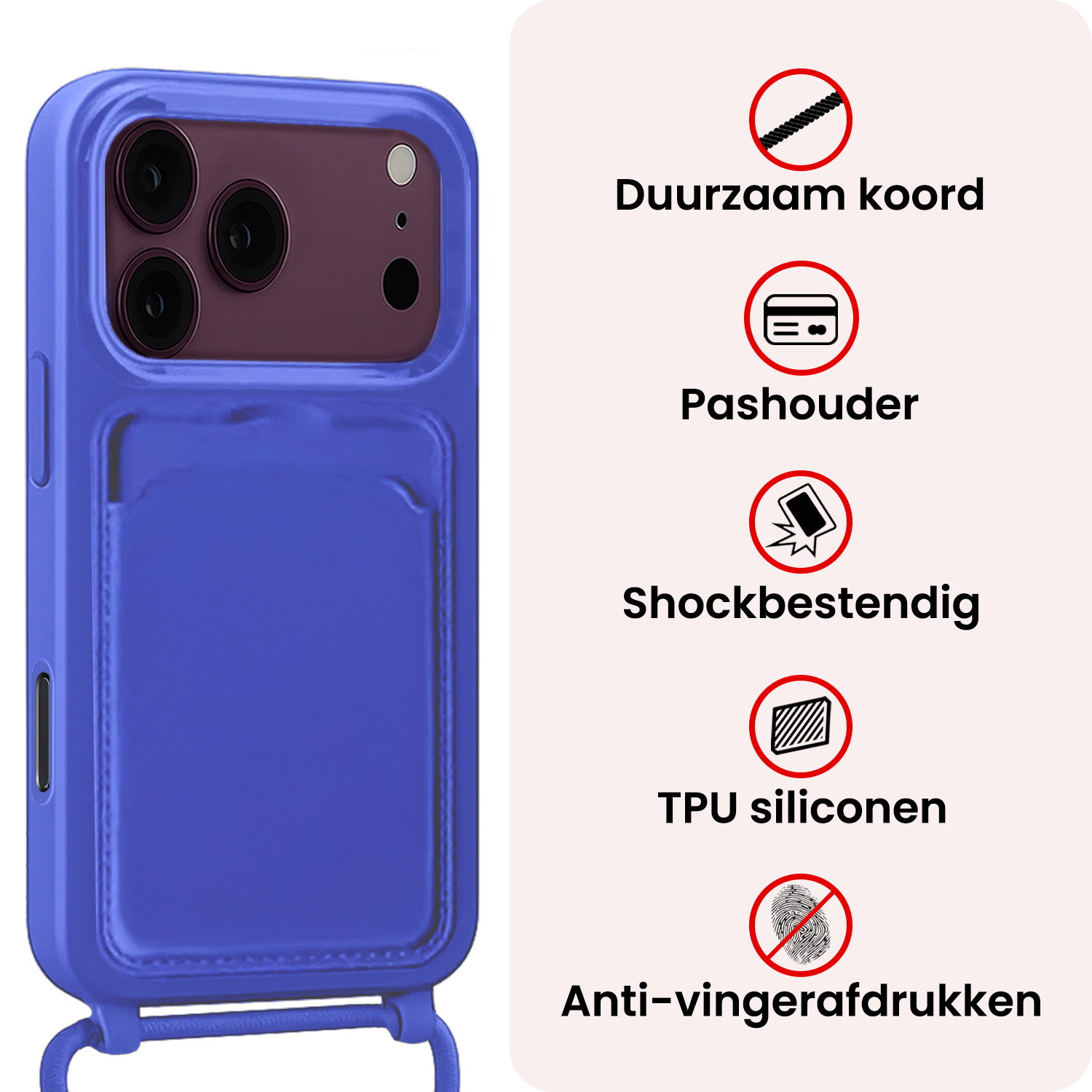 NoXx NoXx iPhone 18 Pro Max Hoesje Pashouder met Koord Met 2x Screenprotector - Fel Blauw