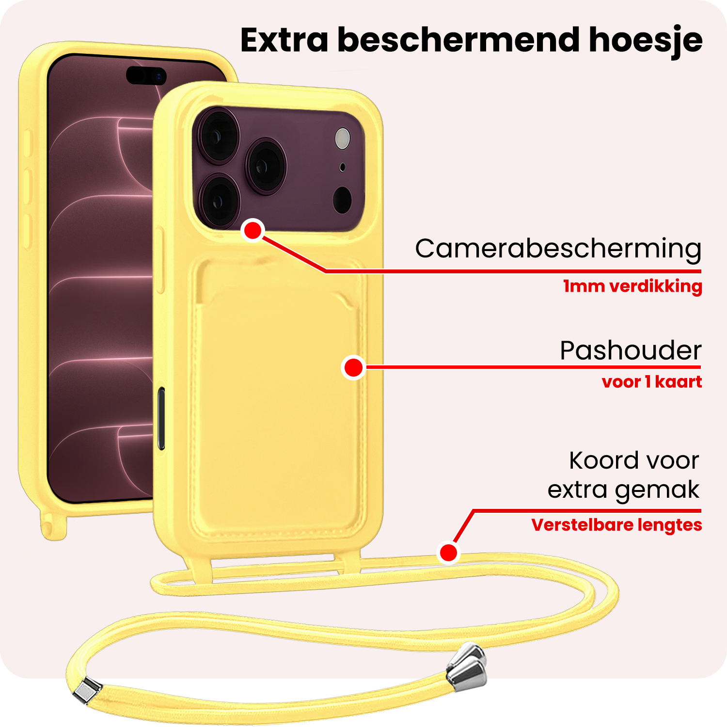 NoXx NoXx iPhone 18 Pro Max Hoesje Pashouder met Koord Met Screenprotector - Geel