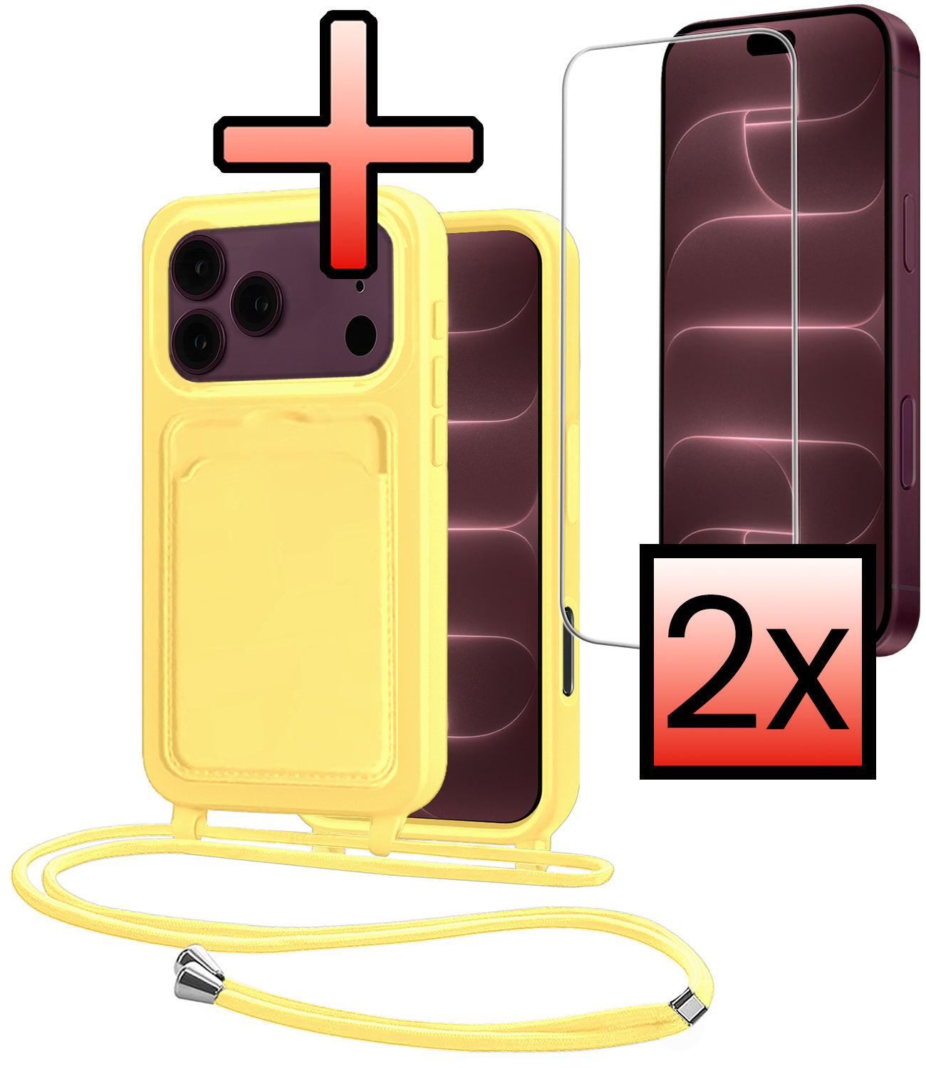 NoXx NoXx iPhone 18 Pro Max Hoesje Pashouder met Koord Met 2x Screenprotector - Geel