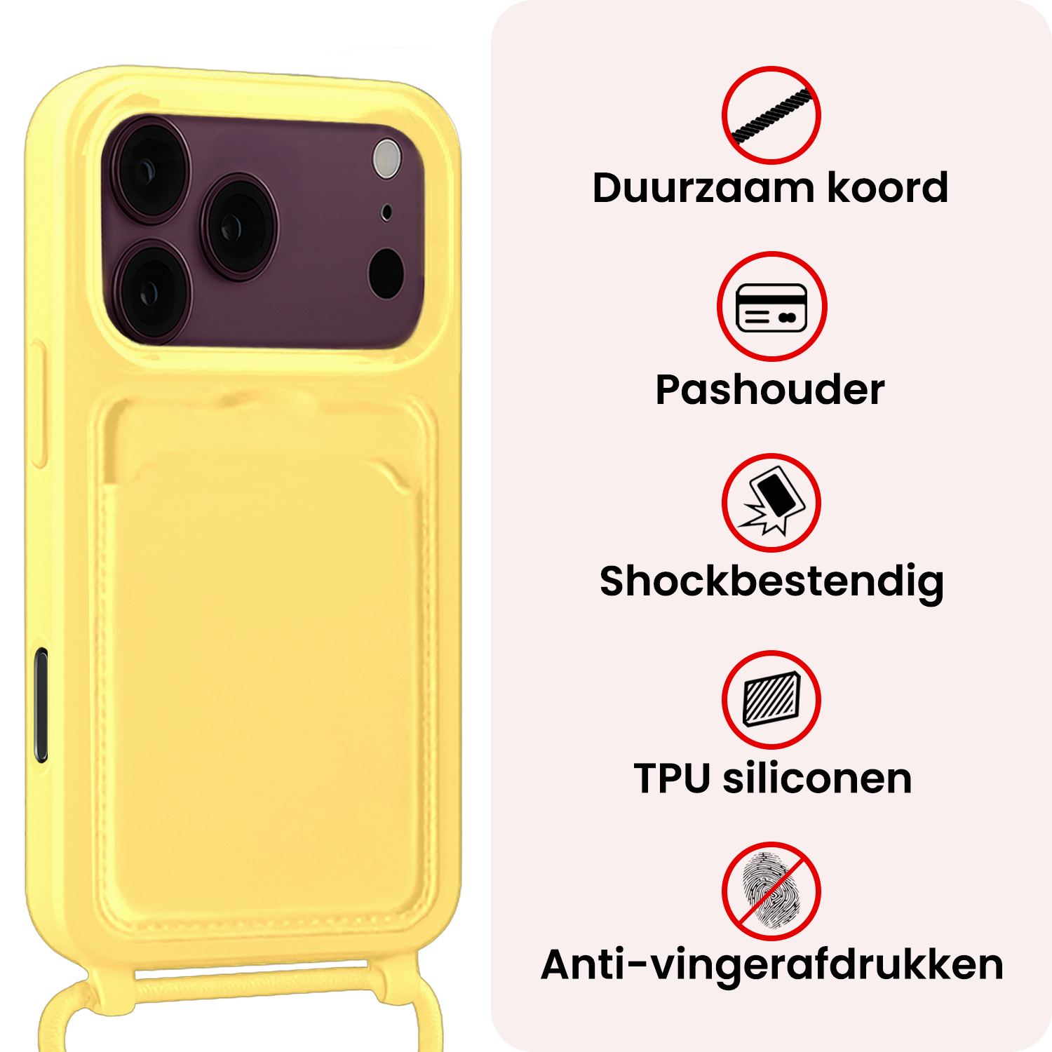 NoXx NoXx iPhone 18 Pro Max Hoesje Pashouder met Koord Met 2x Screenprotector - Geel