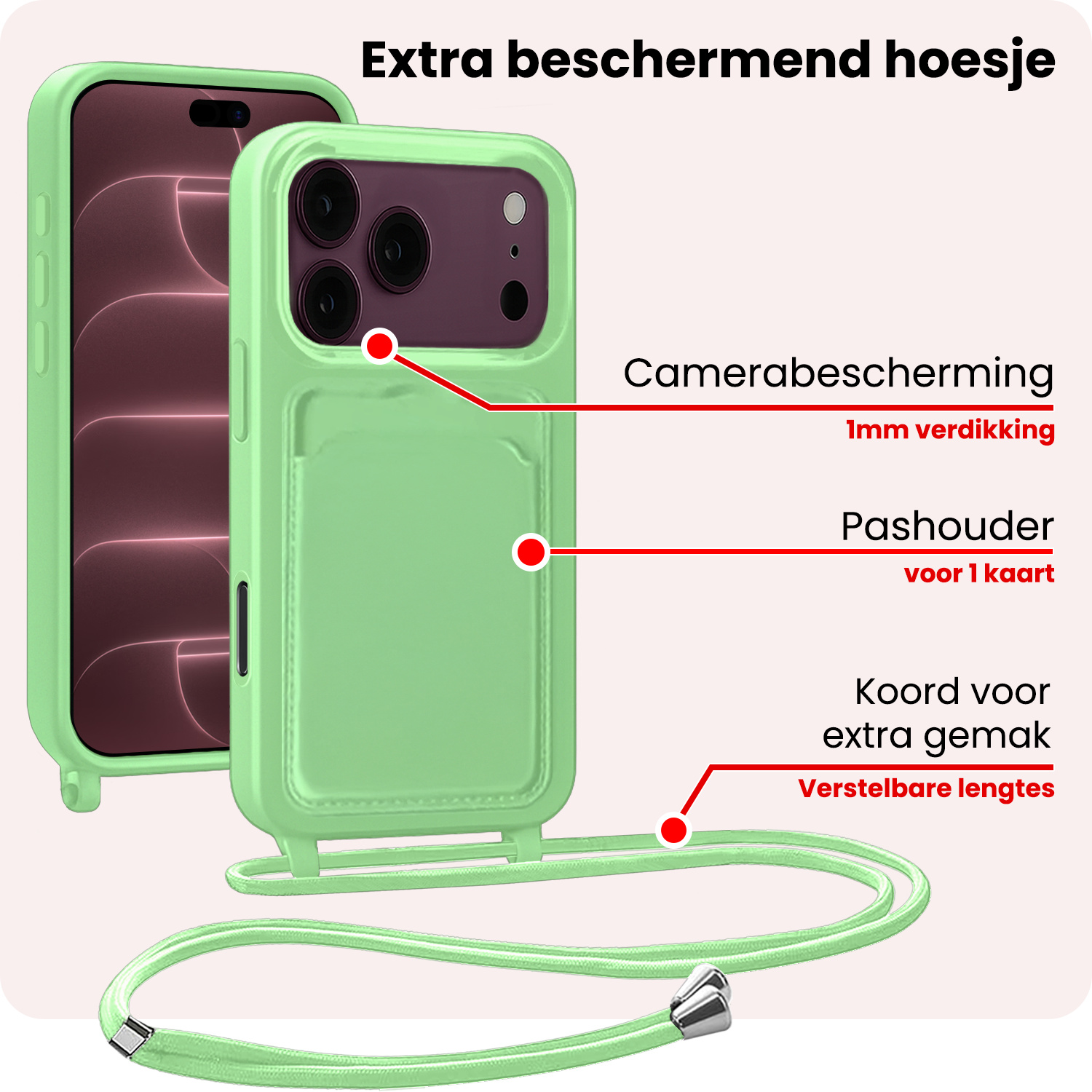 NoXx NoXx iPhone 18 Pro Max Hoesje Pashouder met Koord Met Screenprotector - Groen
