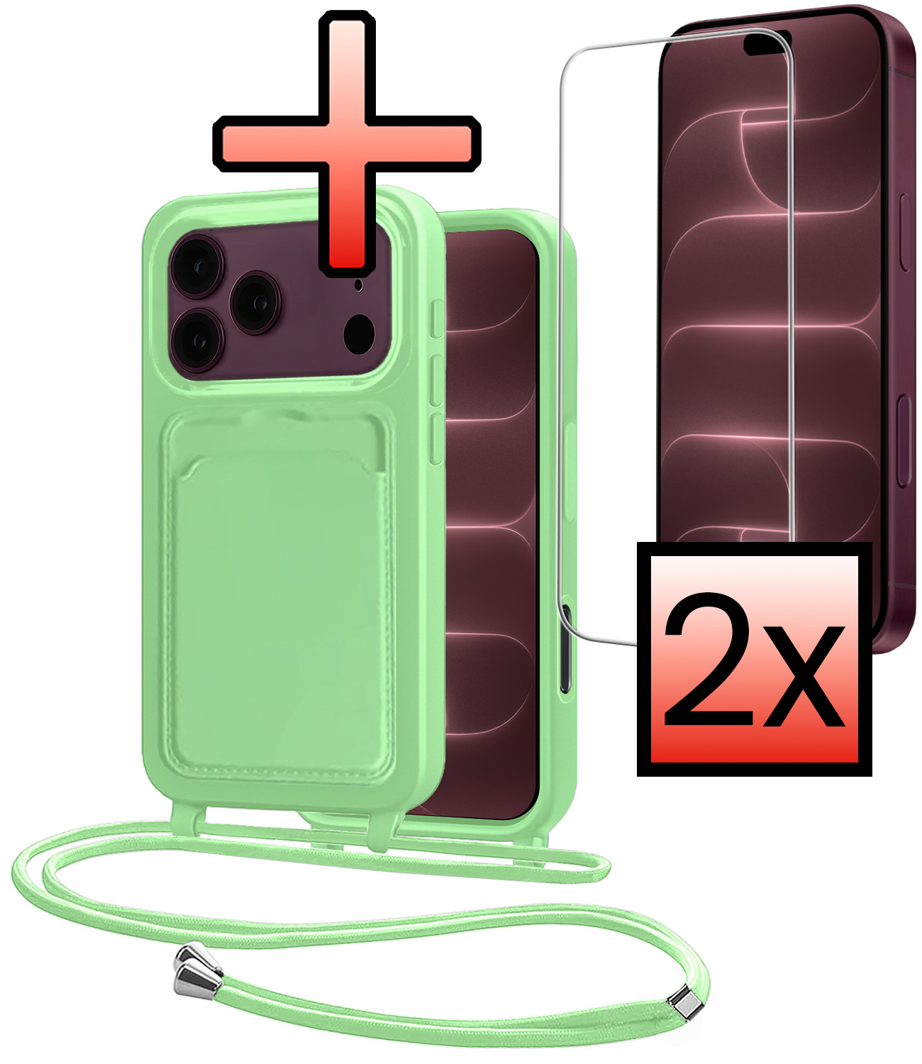 NoXx NoXx iPhone 18 Pro Max Hoesje Pashouder met Koord Met 2x Screenprotector - Groen