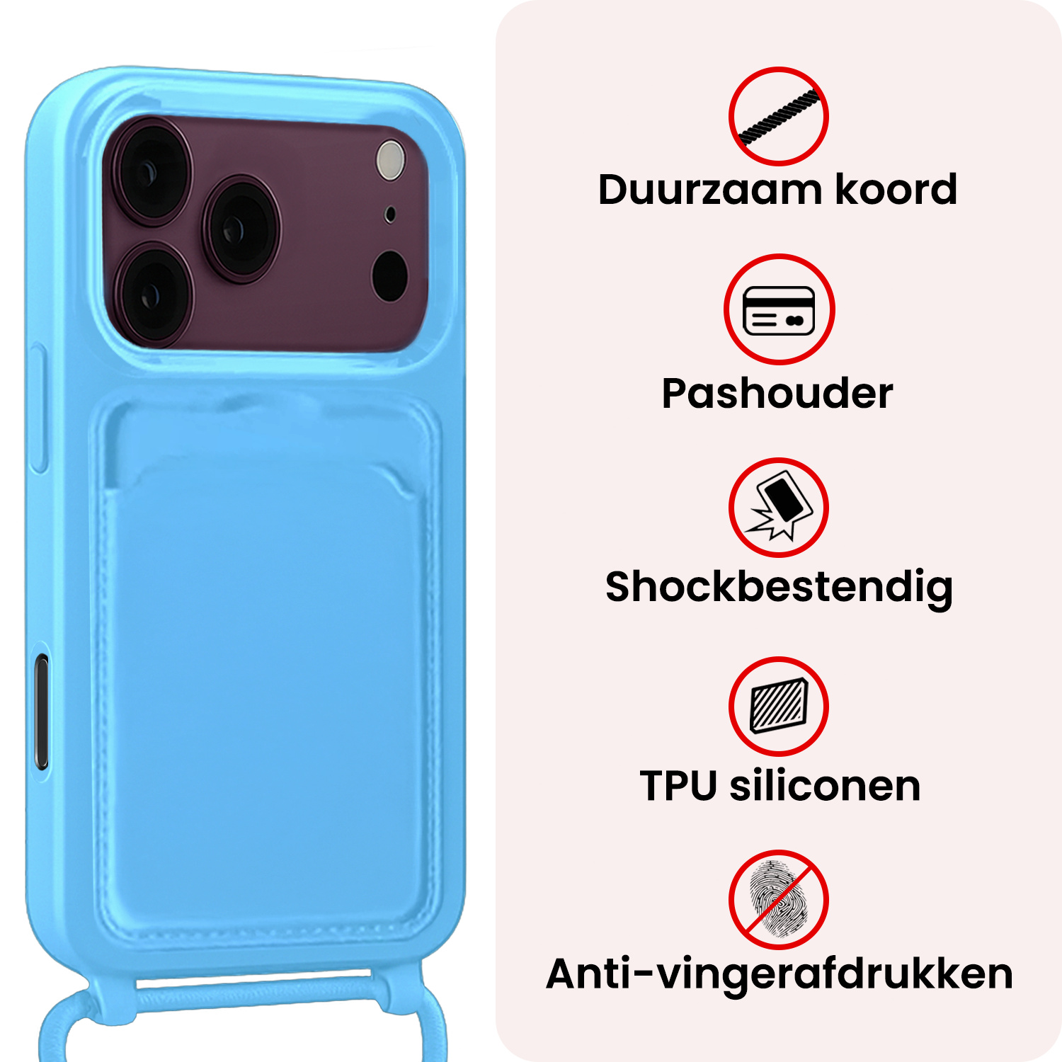 NoXx NoXx iPhone 18 Pro Max Hoesje Pashouder met Koord Met Screenprotector - Lichtblauw
